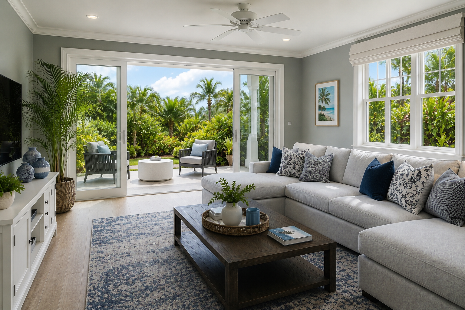 Bright living room with large windows showing tropical garden, white sectional sofa with patterned blue and gray pillows, wooden coffee table with plant and books, area rug, sliding glass door to patio with outdoor chairs, palm trees visible outside.