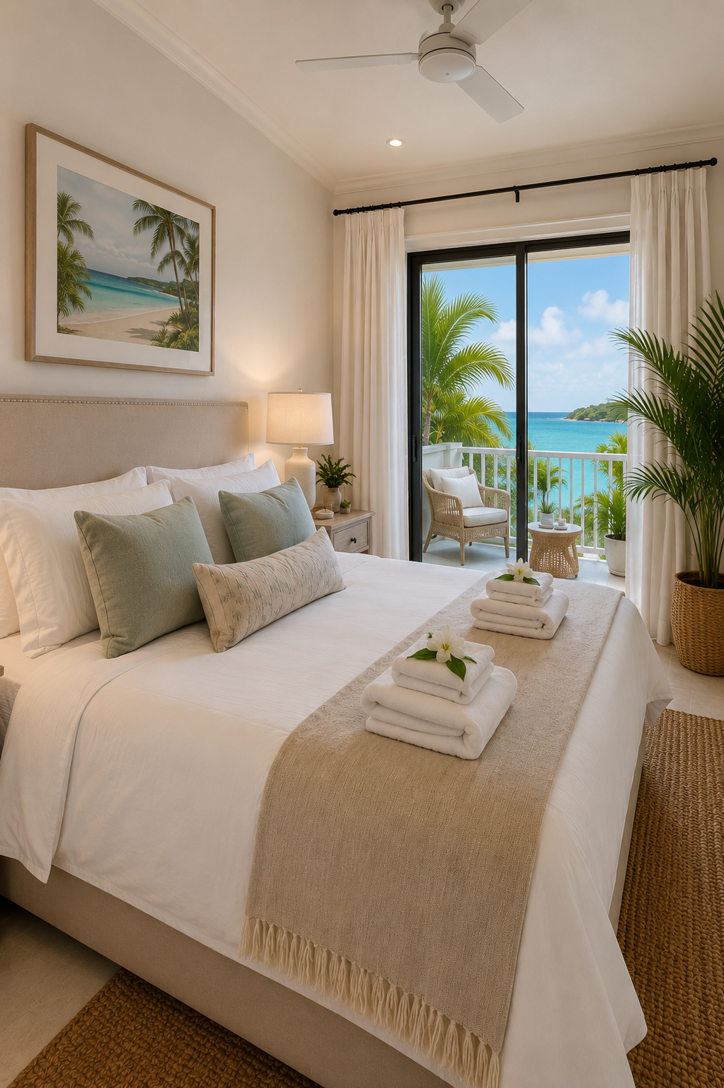 A bedroom with a large bed, pillows, and folded towels with flowers on top, facing a balcony with chairs and a view of the ocean and palm trees.