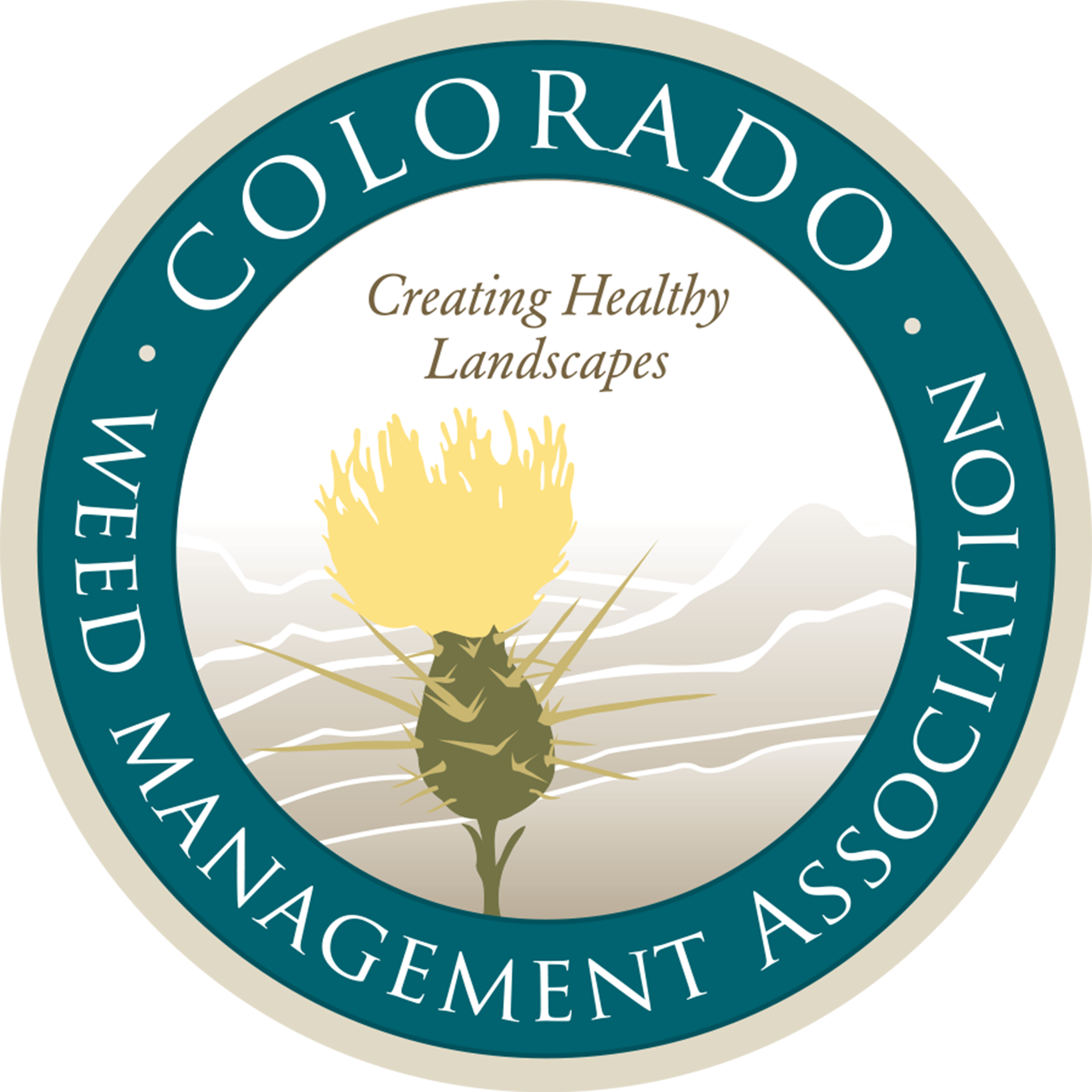 Logo of the Colorado Native Plant Society with a desert plant, mountains in the background, and the phrase 'Creating Healthy Landscapes'.