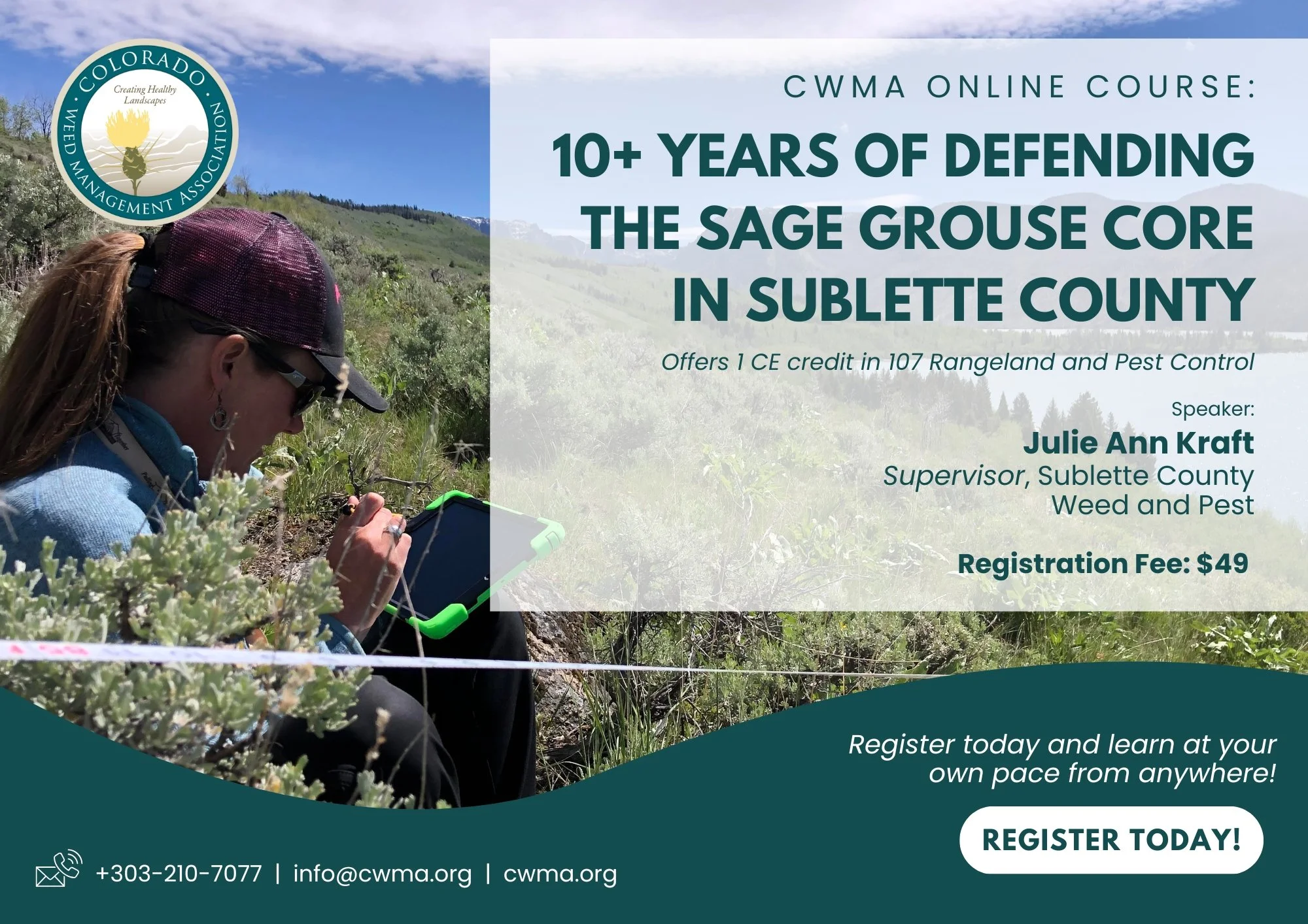 Flyer advertising an online course on defending the sage grouse core in Sublette County, offered by CWMA. Features a woman in outdoor scenery, holding a tablet, with text details about the course, speaker, registration fee, and contact information.