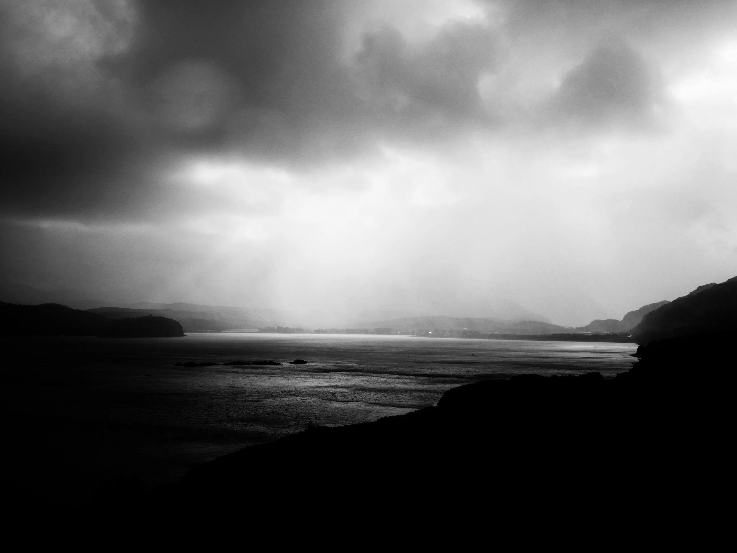 Rain over Poolewe, Scotland, Black & White