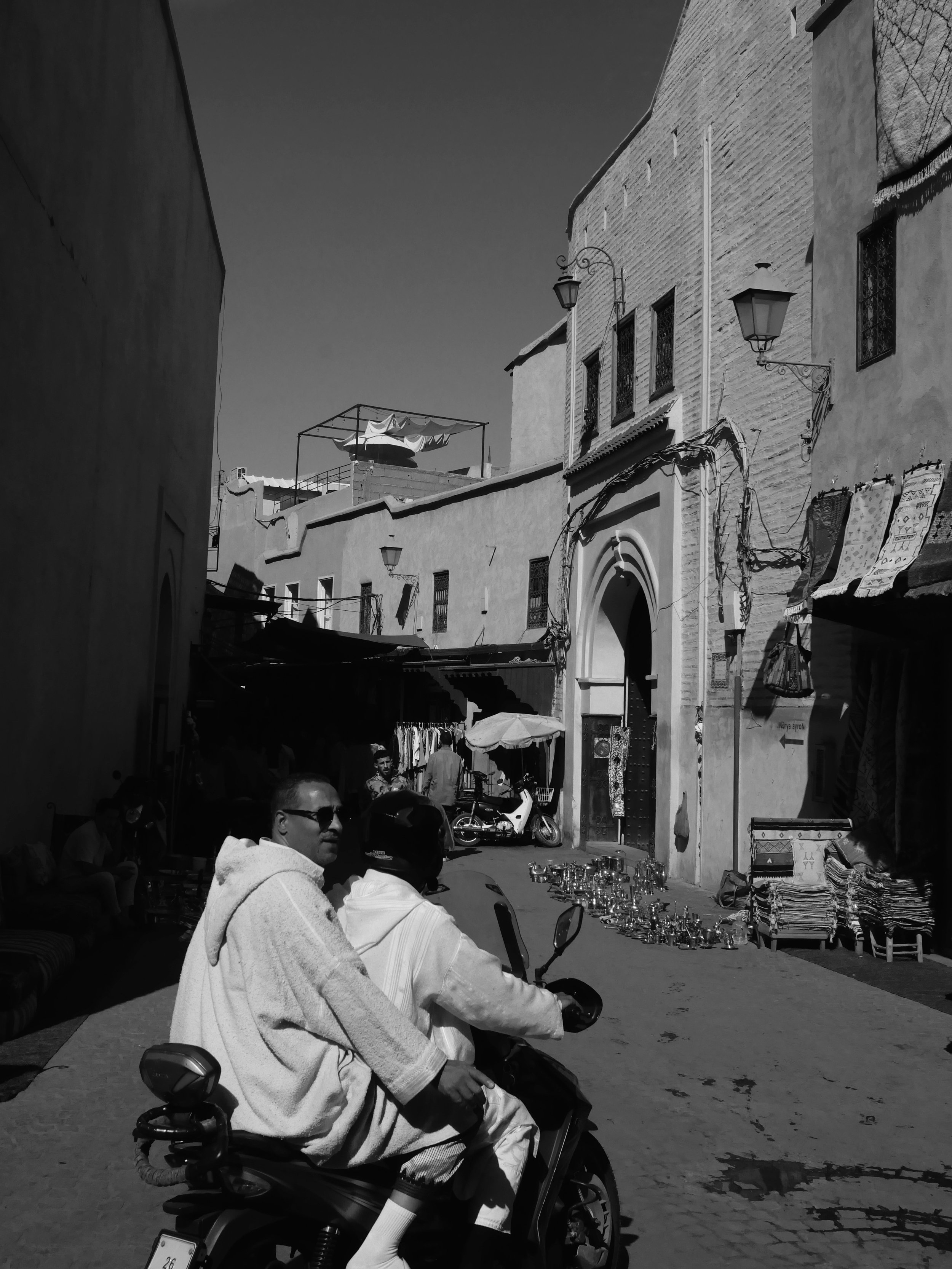 Two men on a moped, Marrakech, , Black & White