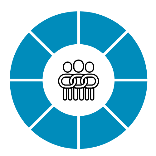 Icon of three people with a chain linking their arms, surrounded by a blue circular border divided into segments.