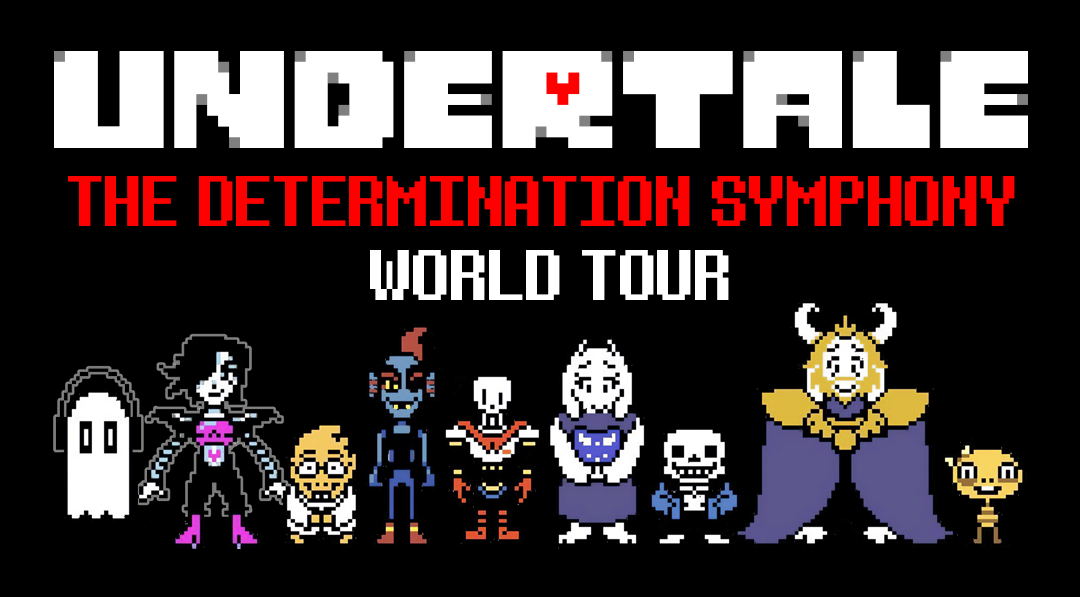 Pixel art promotional image for Undertale The Determination Symphony World Tour, featuring characters from the game including a ghost, child with glasses, dog-like creature, skeleton, queen, and insect with small eyes, in a row against a black background.