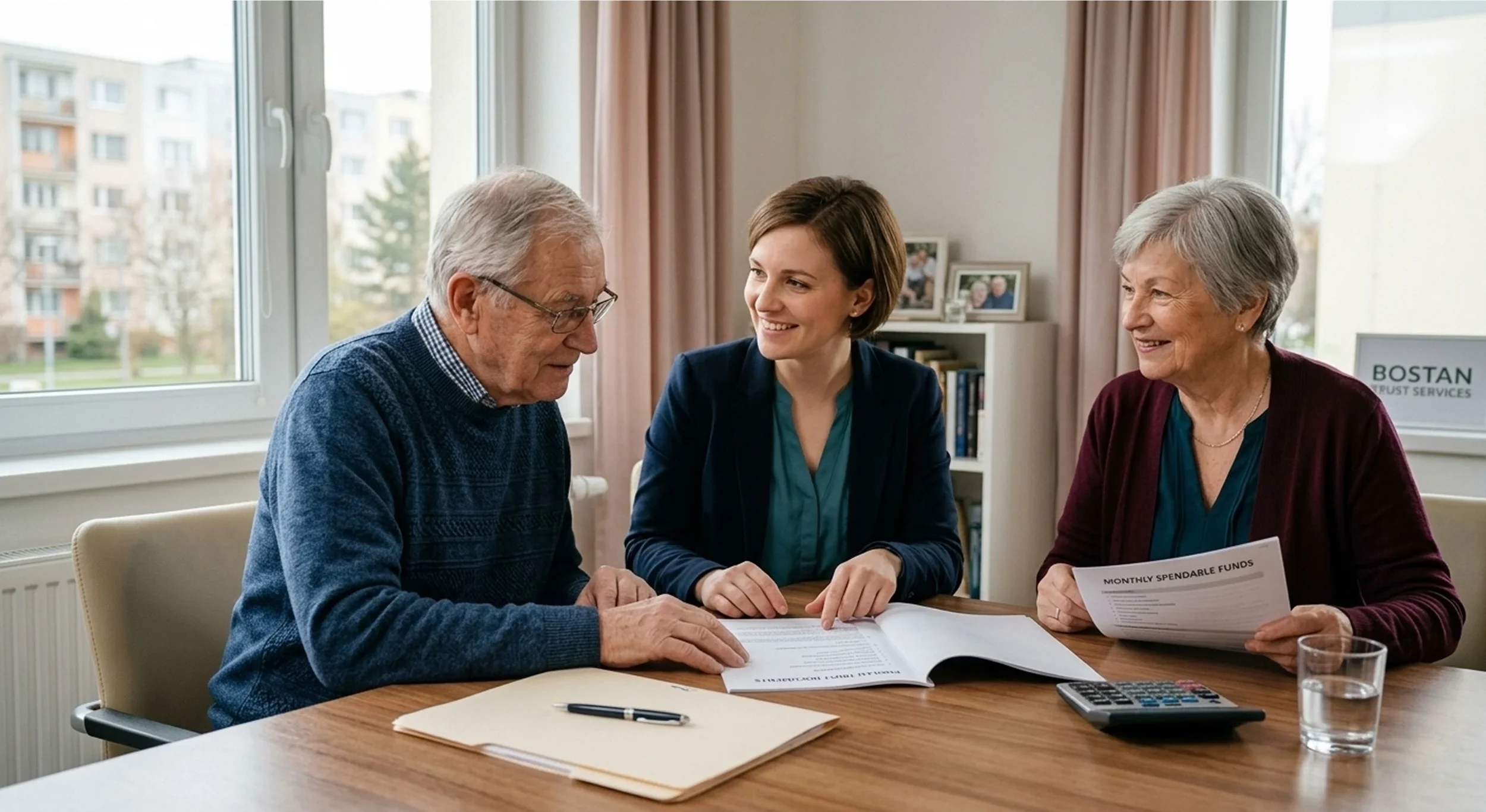 Care coordinator explaining pooled trust benefits to a senior couple sitting across a wooden desk in a bright office.