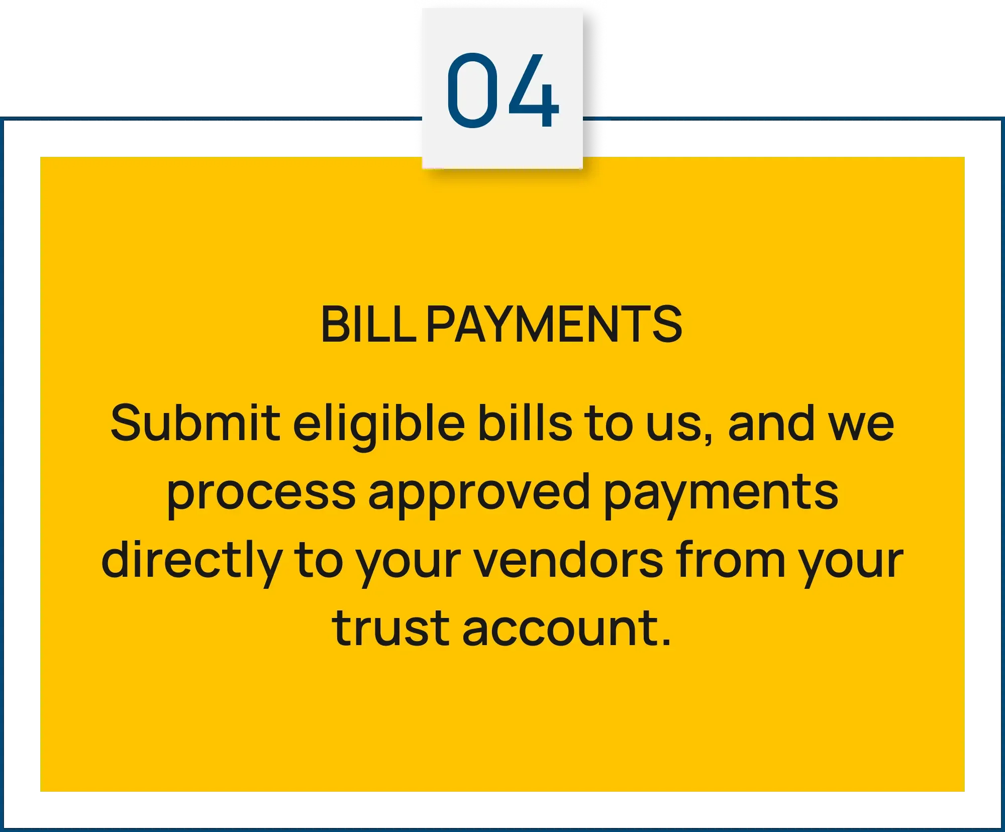 Step 04: Bill Payments. Submit eligible bills to us, and we process approved payments directly to your vendors from your trust account.