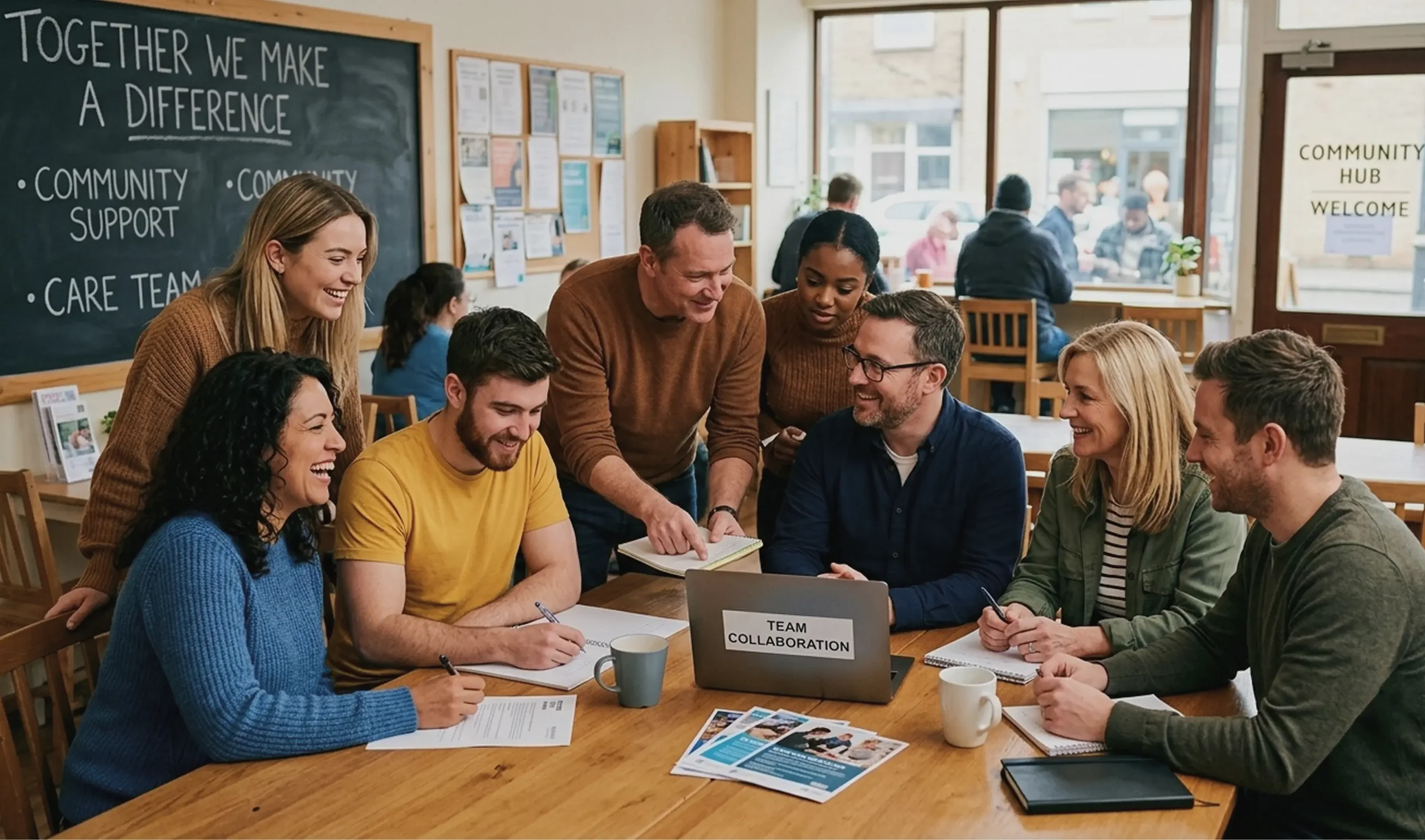 Diverse team of professionals gathered around a conference table collaborating on a project.