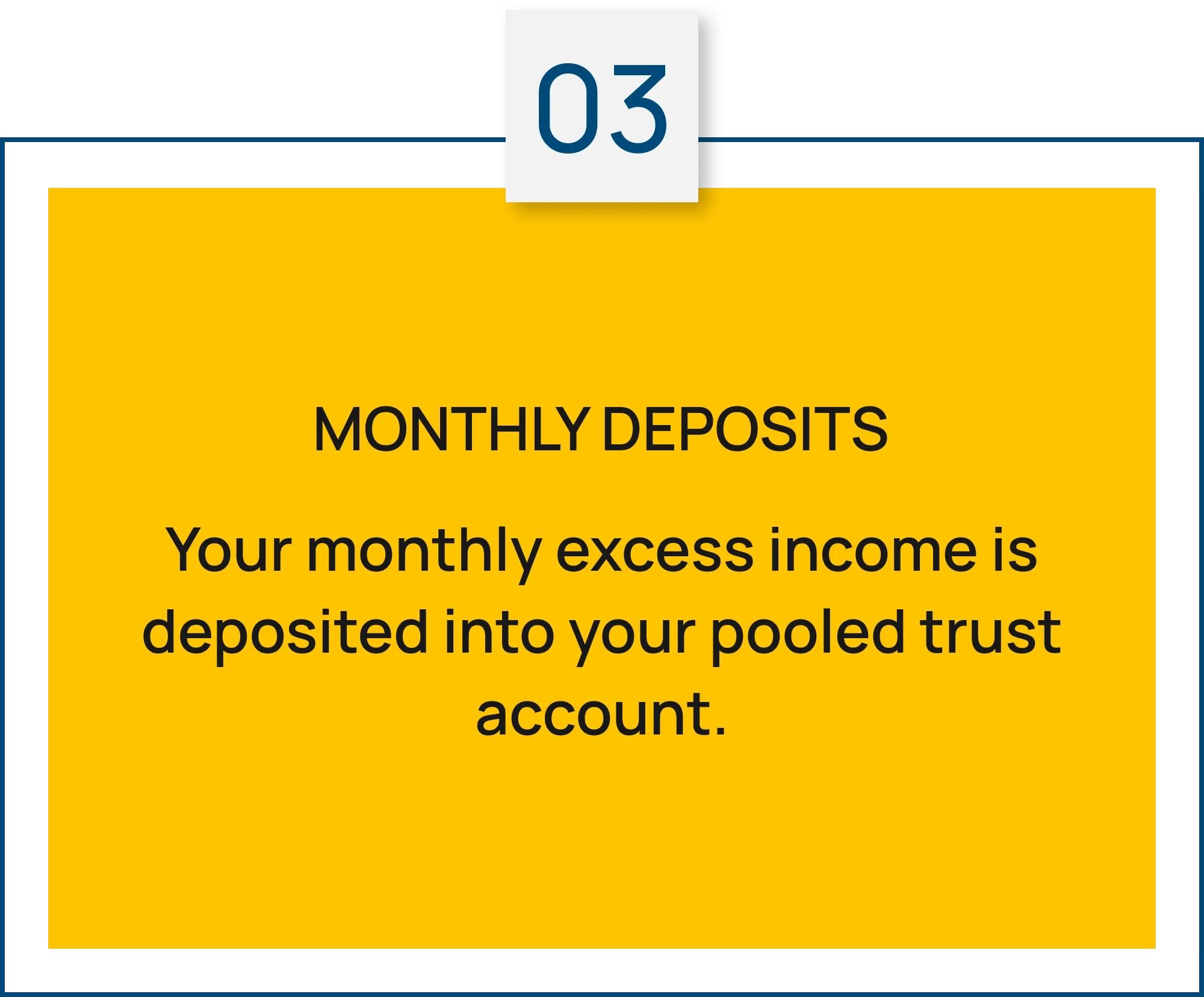 Step 03: Monthly Deposits. Your monthly excess income is deposited into your pooled trust account.