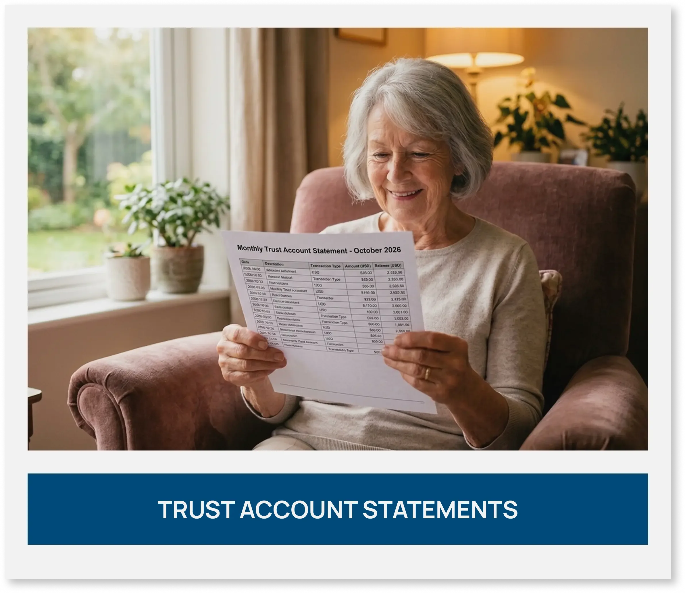 Senior woman sitting comfortably in an armchair reviewing her monthly trust account statement.