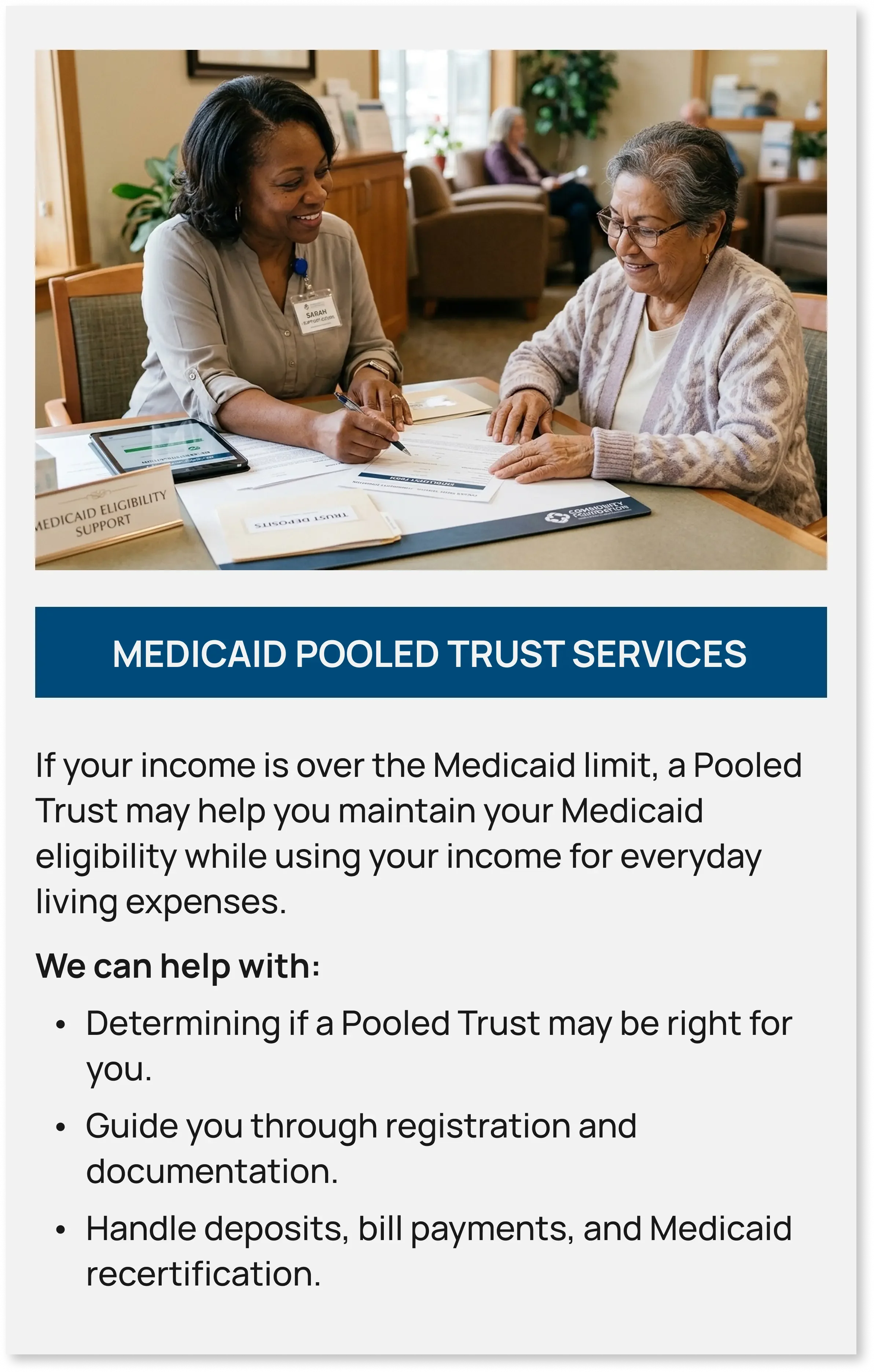 Care coordinator consulting with an elderly woman over paperwork at a desk. Medicaid Pooled Trust Services for income eligibility and living expenses.