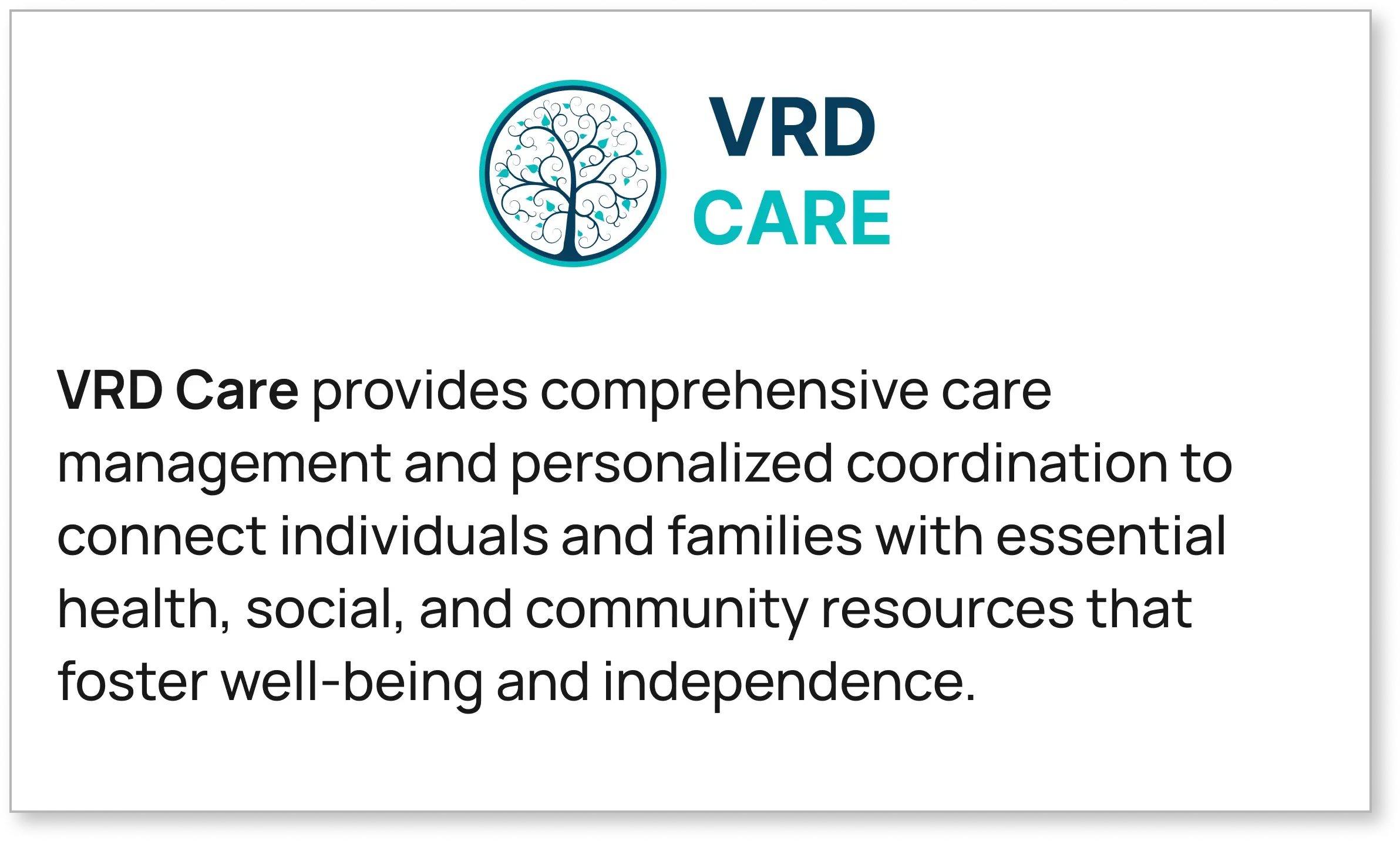 VRD Care logo with tree branch emblem, offering comprehensive healthcare management and family care coordination