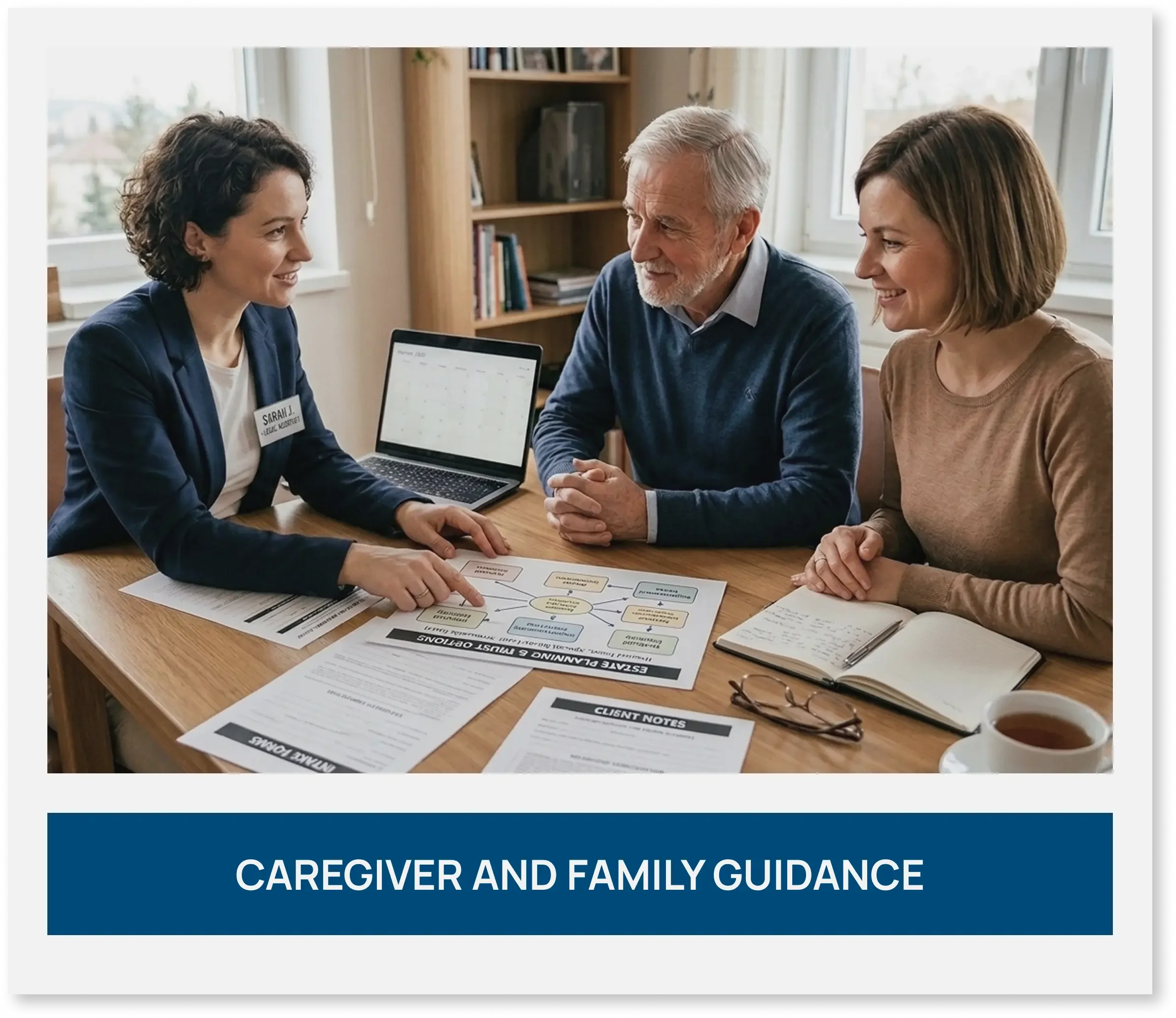 Specialist meeting with a senior couple and caregiver around a desk to discuss Pooled Trust options.
