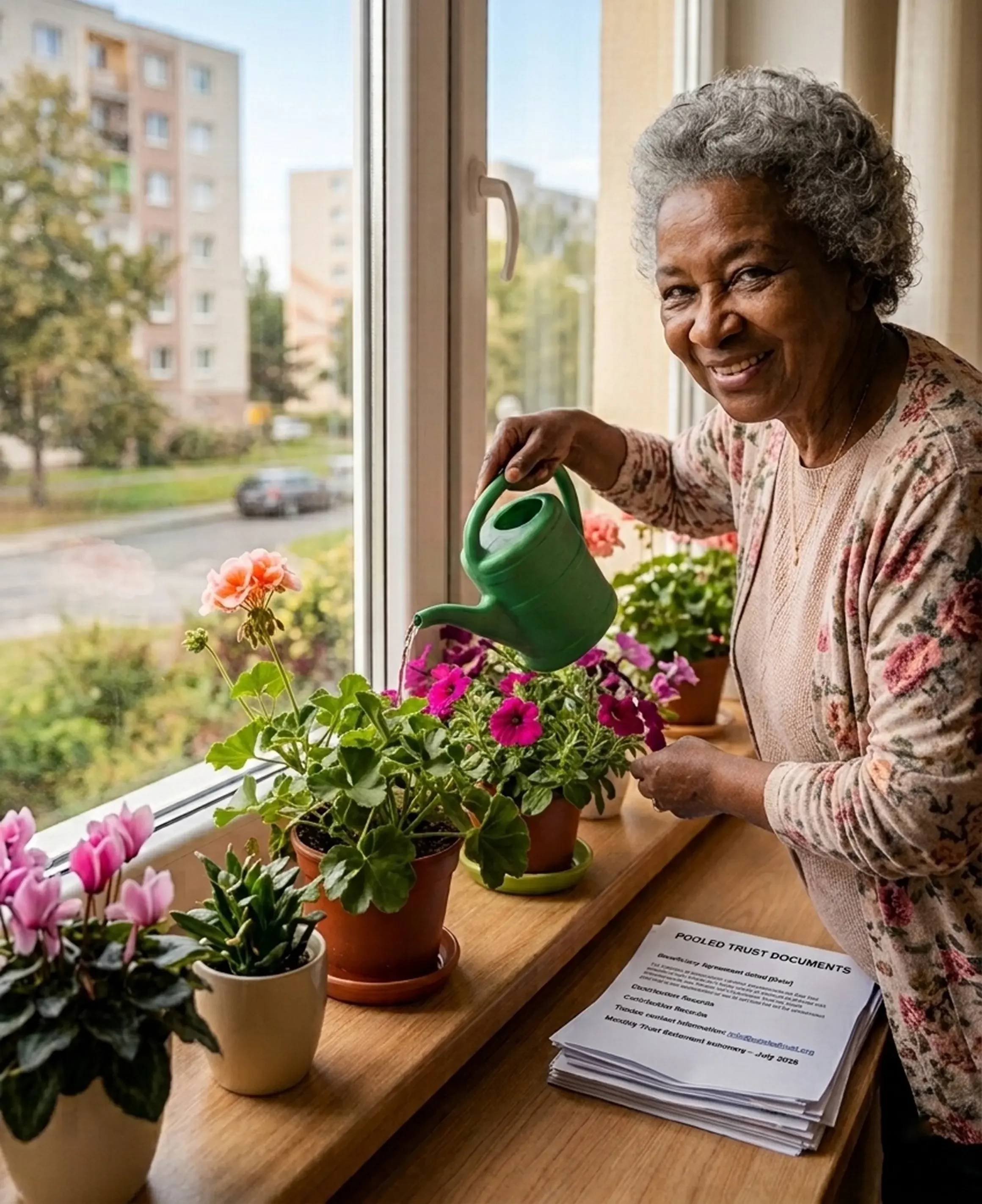 Senior woman smiling while watering indoor plants on a windowsill next to pooled trust documents.