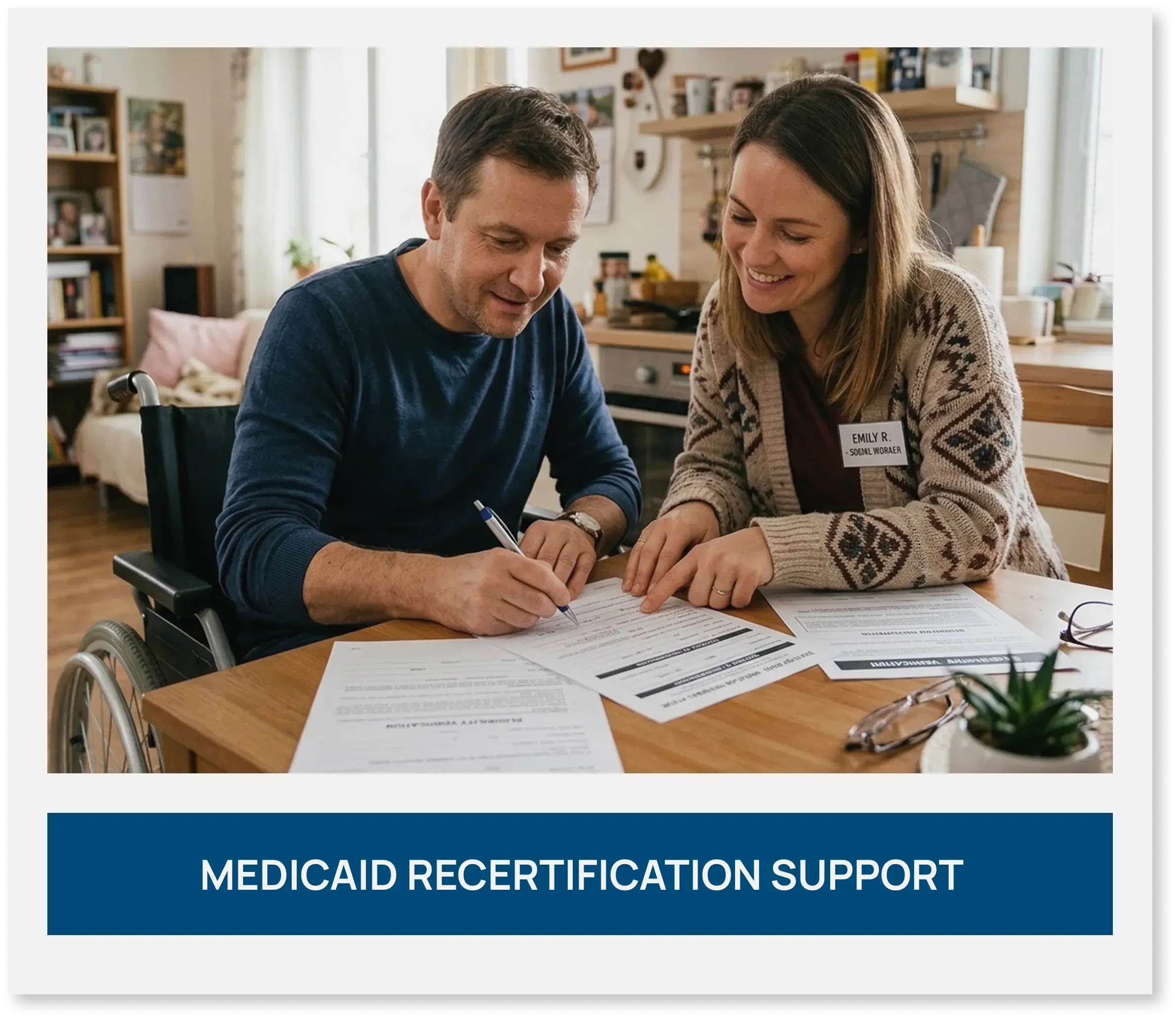 Specialist assisting a man in a wheelchair with Medicaid recertification paperwork.