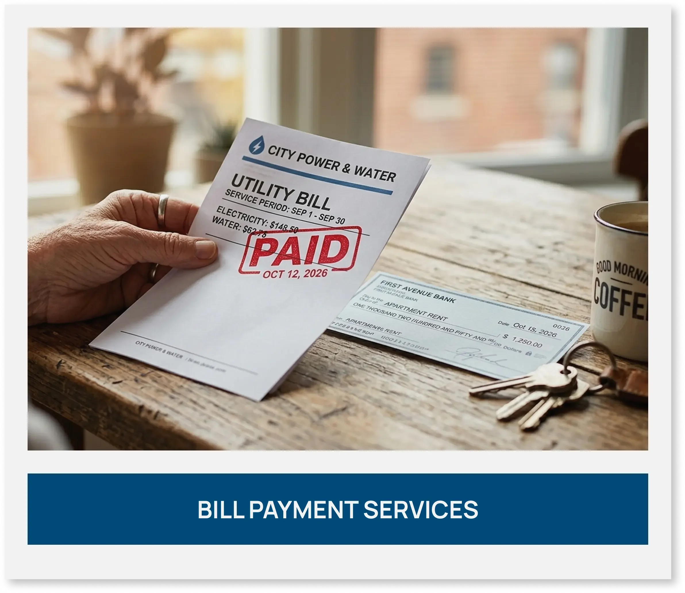 Hands holding a paid utility bill and check for bill payment services.