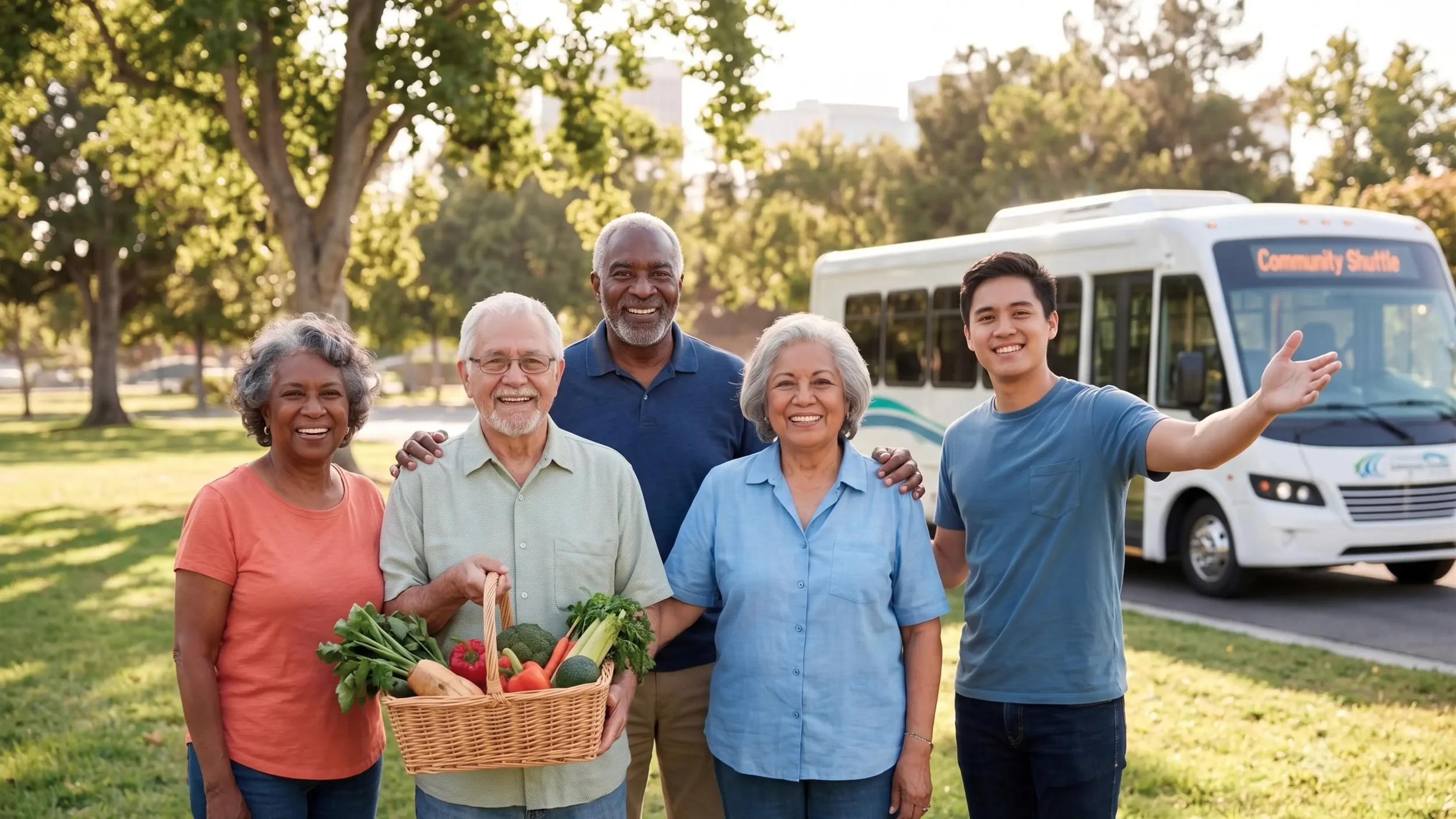 Diverse group of adults and seniors smiling in front of a community transportation bus outdoors.