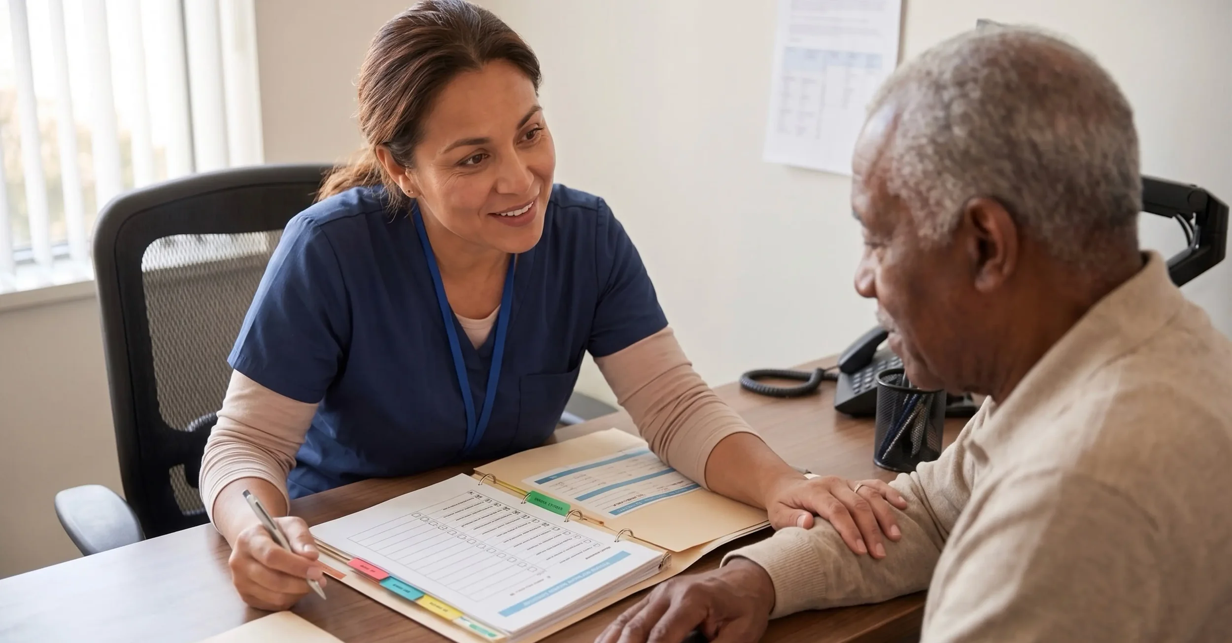 Female healthcare worker in blue scrubs seated at a desk, smiling while speaking with a senior client.