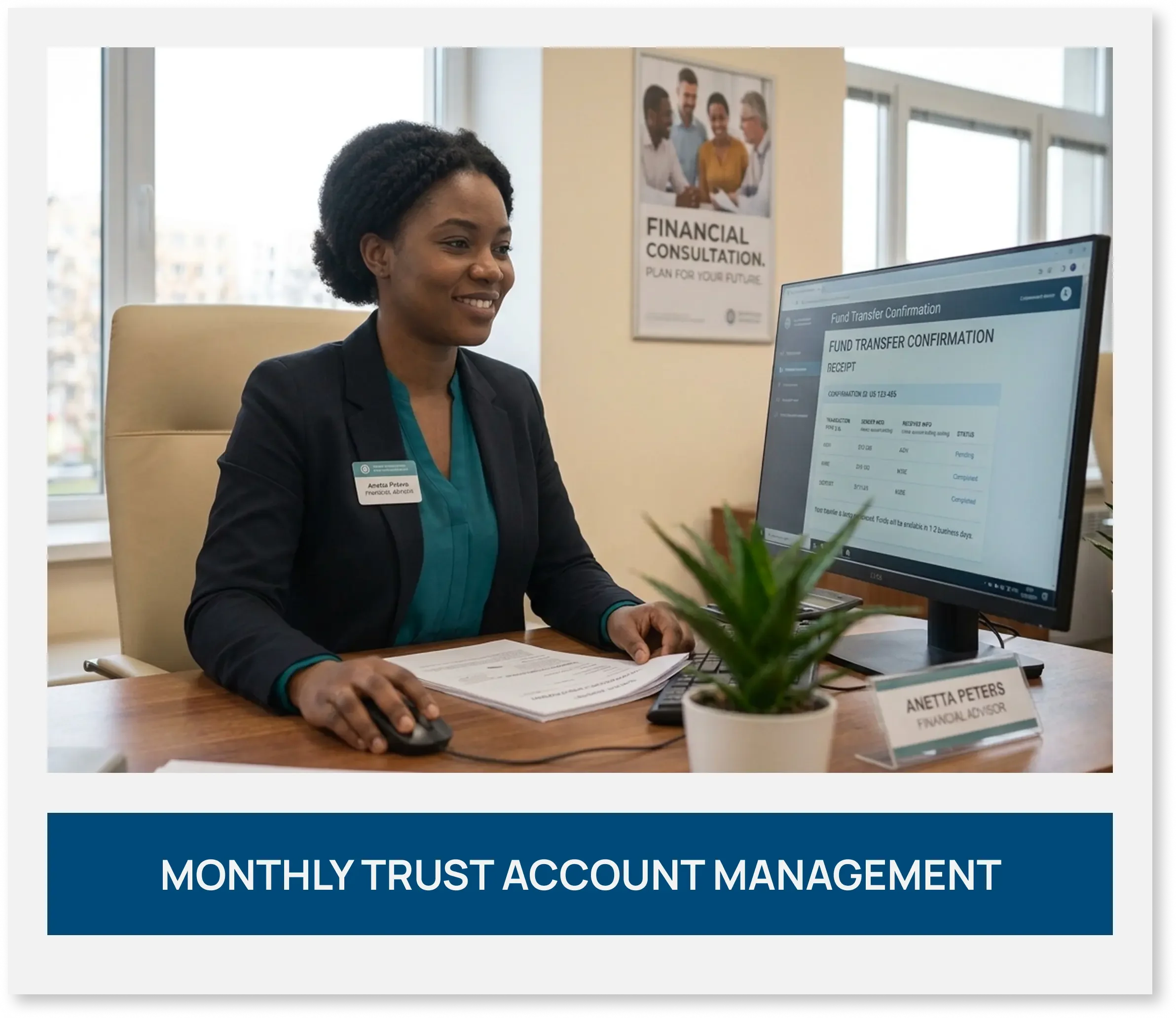 Financial coordinator working on a computer managing monthly trust accounts.