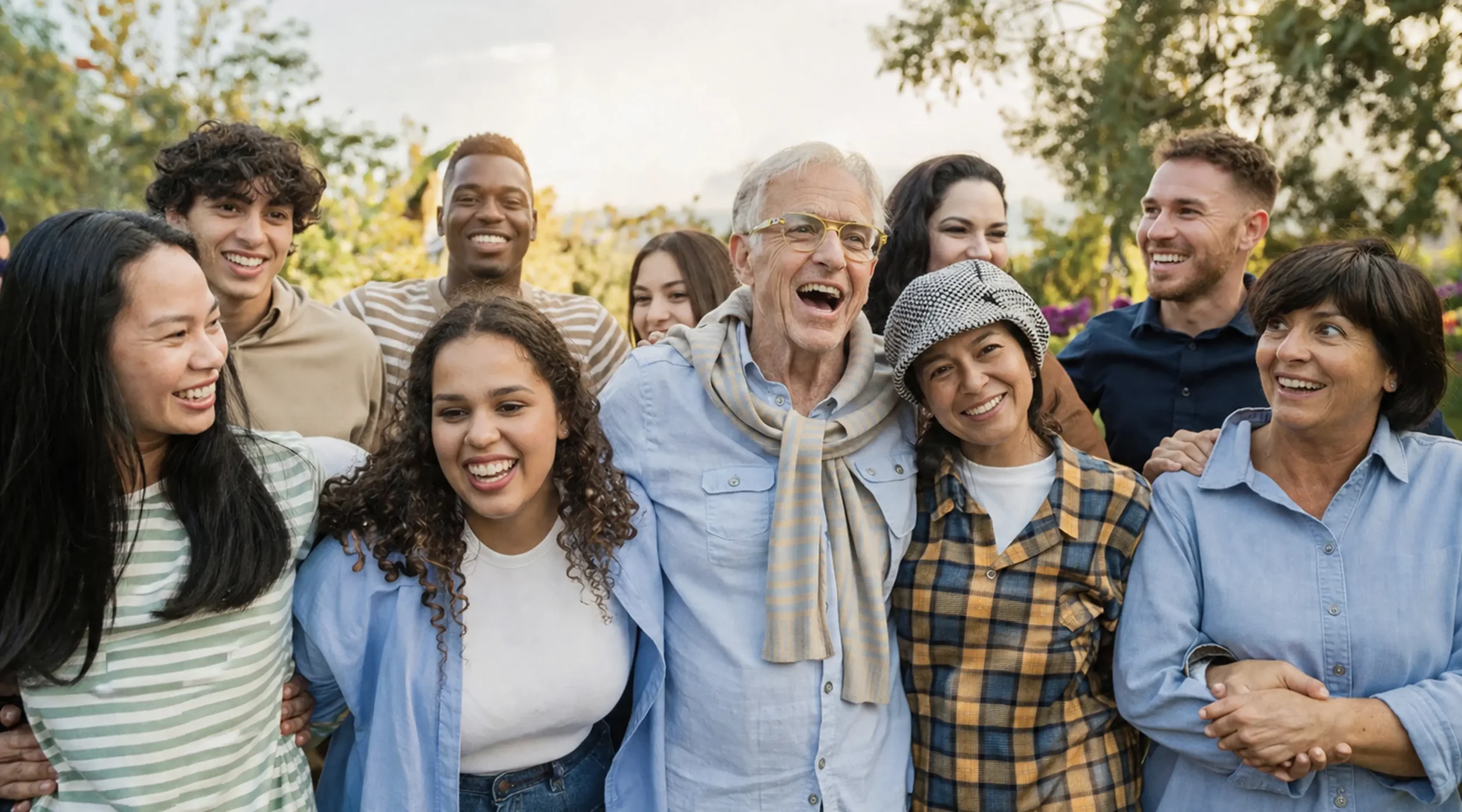 Diverse group of happy community members standing together outdoors and smiling.