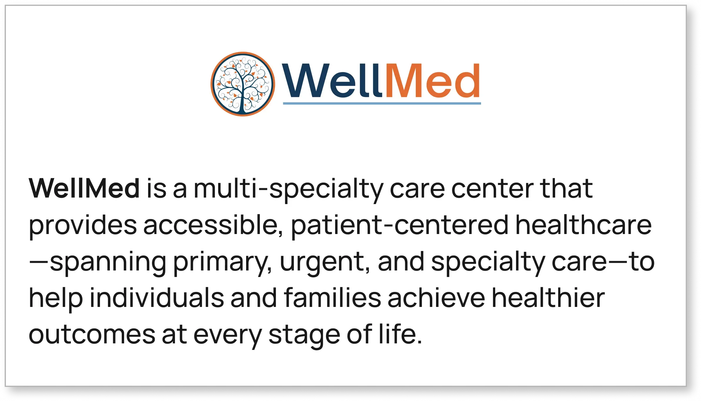 WellMed multi-specialty healthcare center logo, providing primary, urgent, and patient-centered medical care