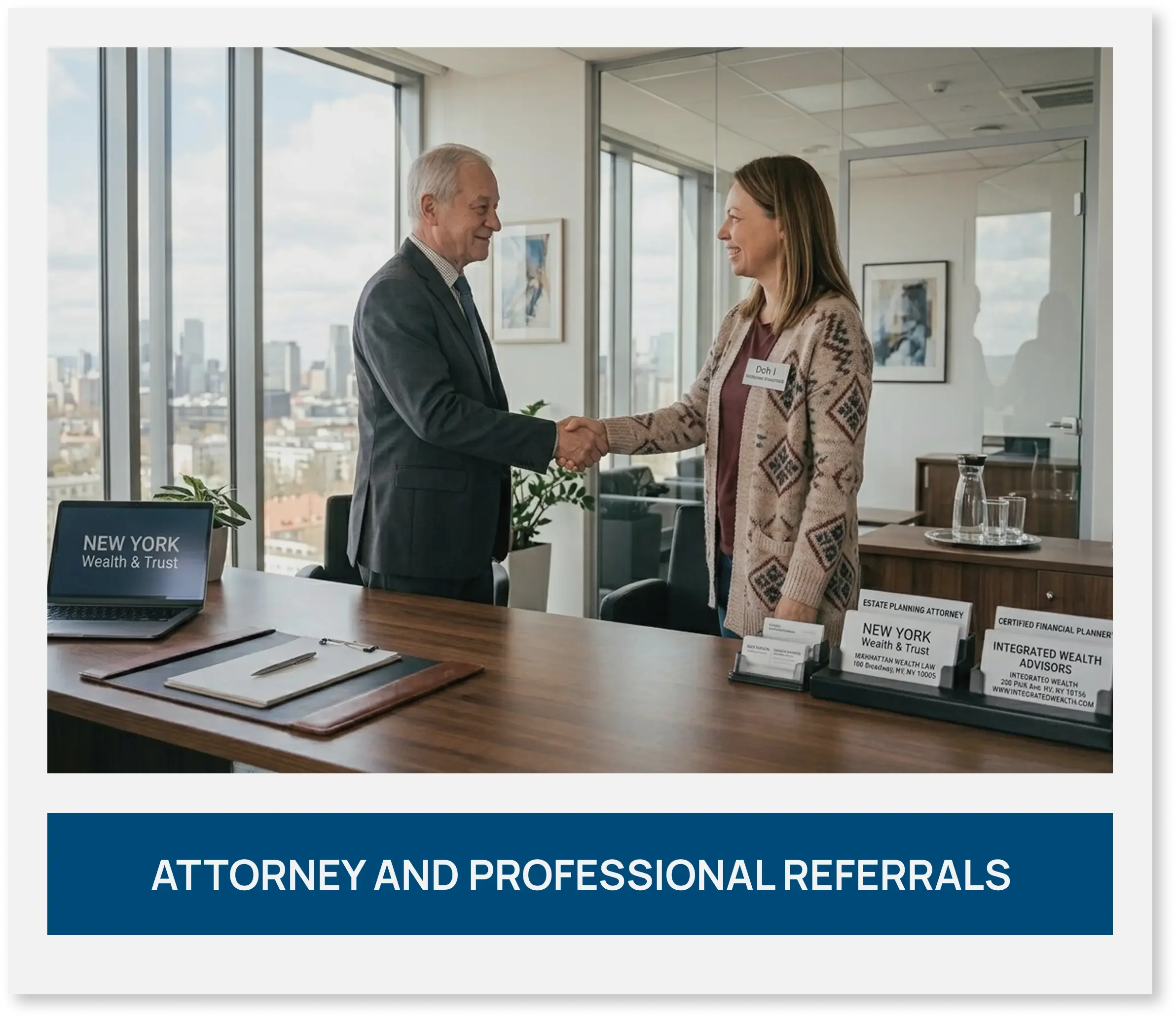 Professional advisor in a suit shaking hands with a colleague in a modern office with city view.