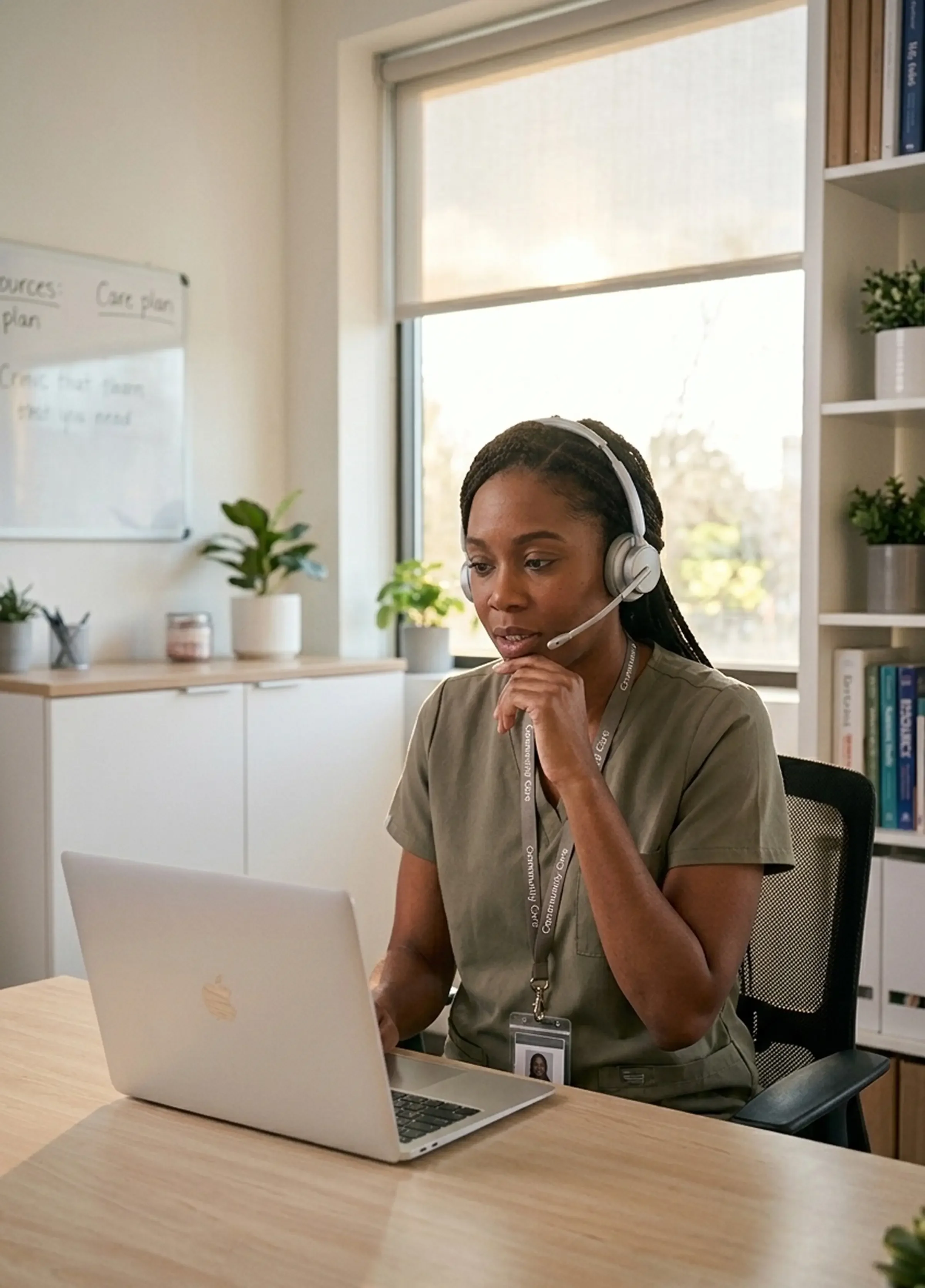 Care navigator wearing a headset and working on a laptop in a bright office.