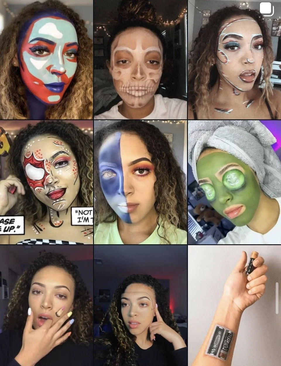9 images of women showcasing various face paint and makeup styles, including colorful, artistic, and creative designs, and a hand holding a battery.