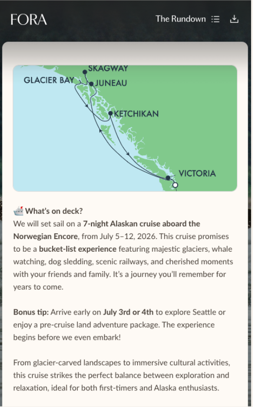 Map showing the cruise route along the southeastern coastline of Alaska, including Glacier Bay, Skagway, Juneau, Ketchikan, and Victoria.