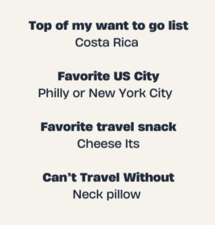 List of personal preferences including travel destinations, US cities, snacks, and comfort items.
