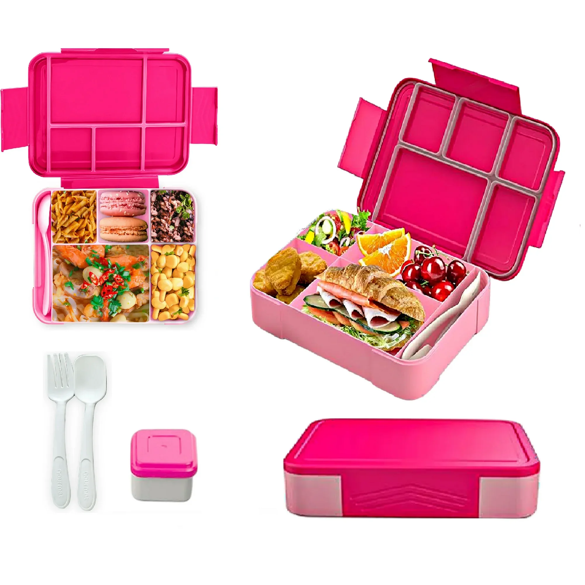 Bento Lunch Box for Kids Meals, 6 Food Section with Cutlery, Sauce Cup