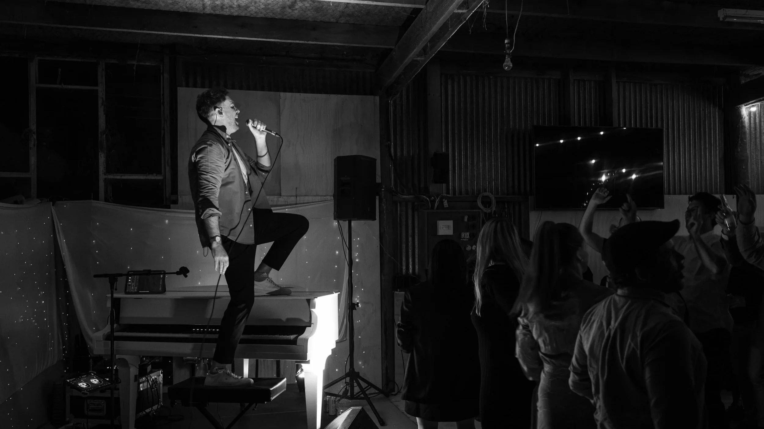 A singer performing on a stage with a microphone, surrounded by an audience enjoying the show in a dark indoor setting.
