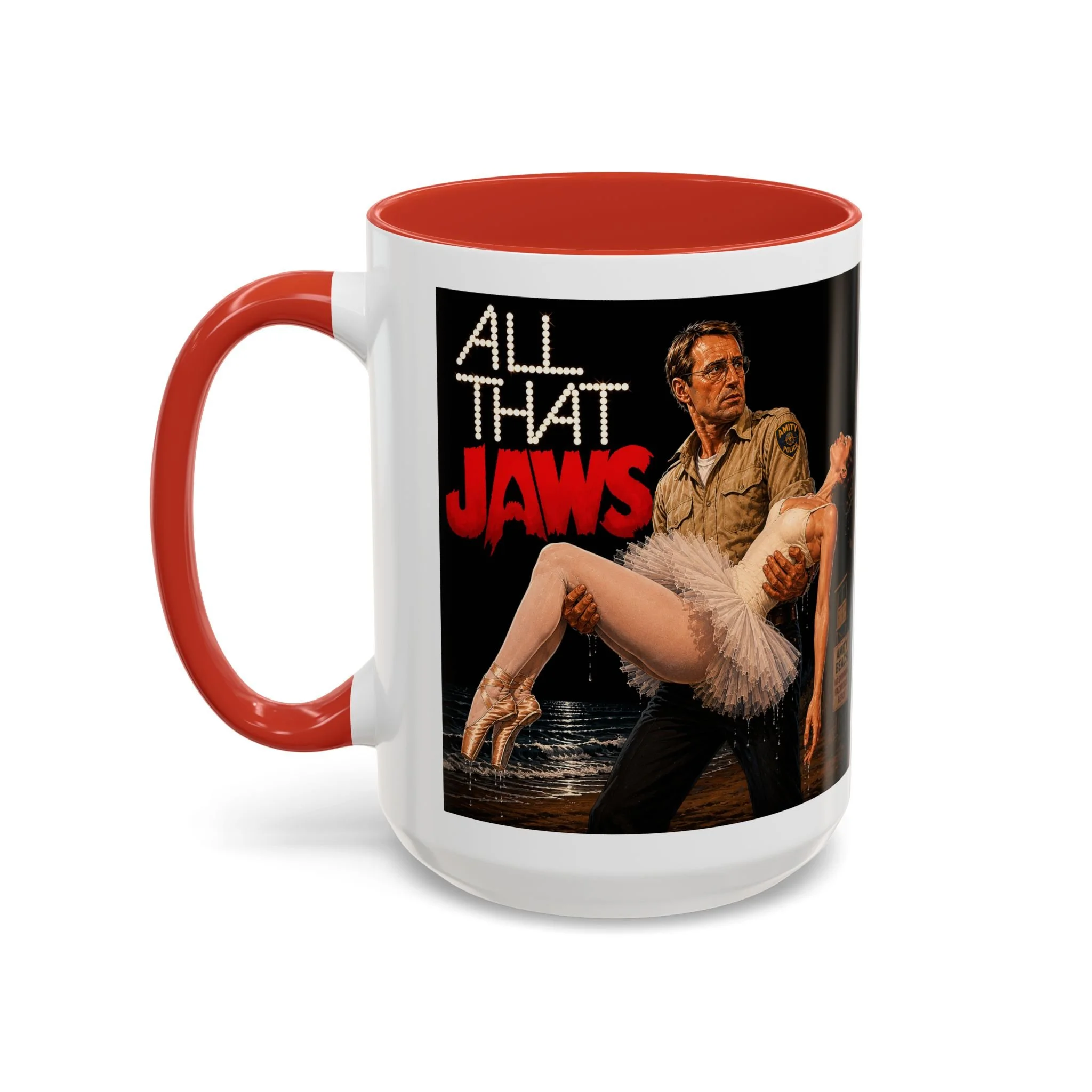 All That Jaws | Accent Coffee Mug (15oz) Vintage Movie Poster Parody | Chief Brody & Ballerina | 70s Film Mashup Art | Retro Cinema Gift