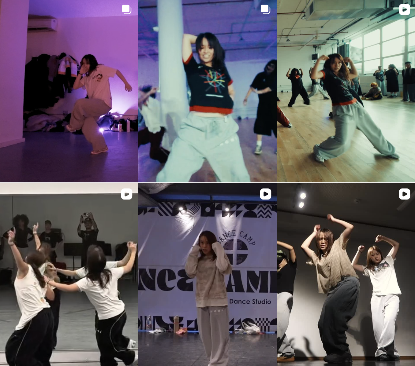 Collage of six images showing young women practicing dance routines in studios and performance spaces.