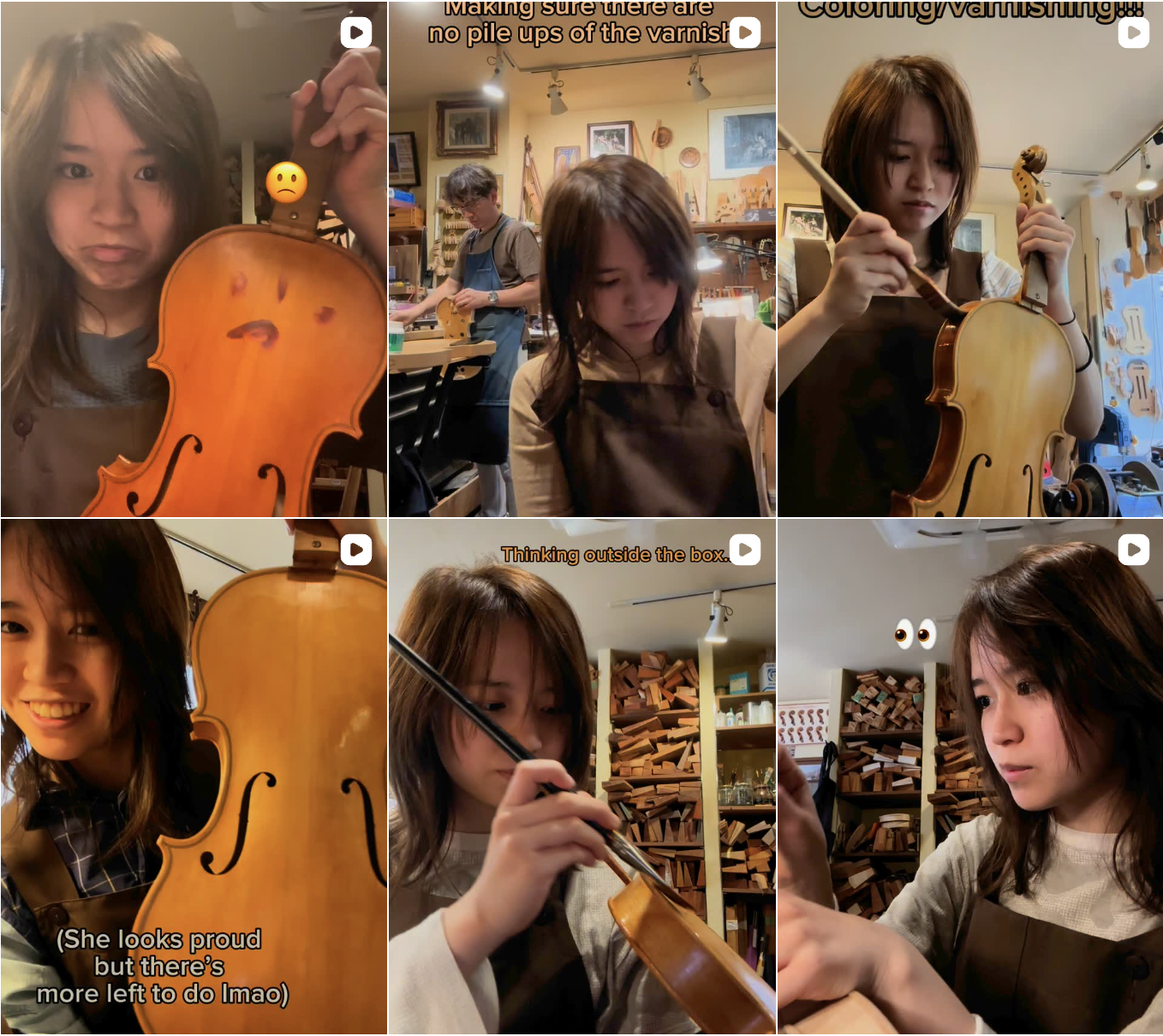 Collage of six photos showing a girl learning to play the violin at a workshop. She is holding and examining the violin, practicing with a bow, and showing various expressions, including pride and concentration. The setting appears to be a workshop or music studio, with shelves filled with wooden materials and musical instruments visible in the background.