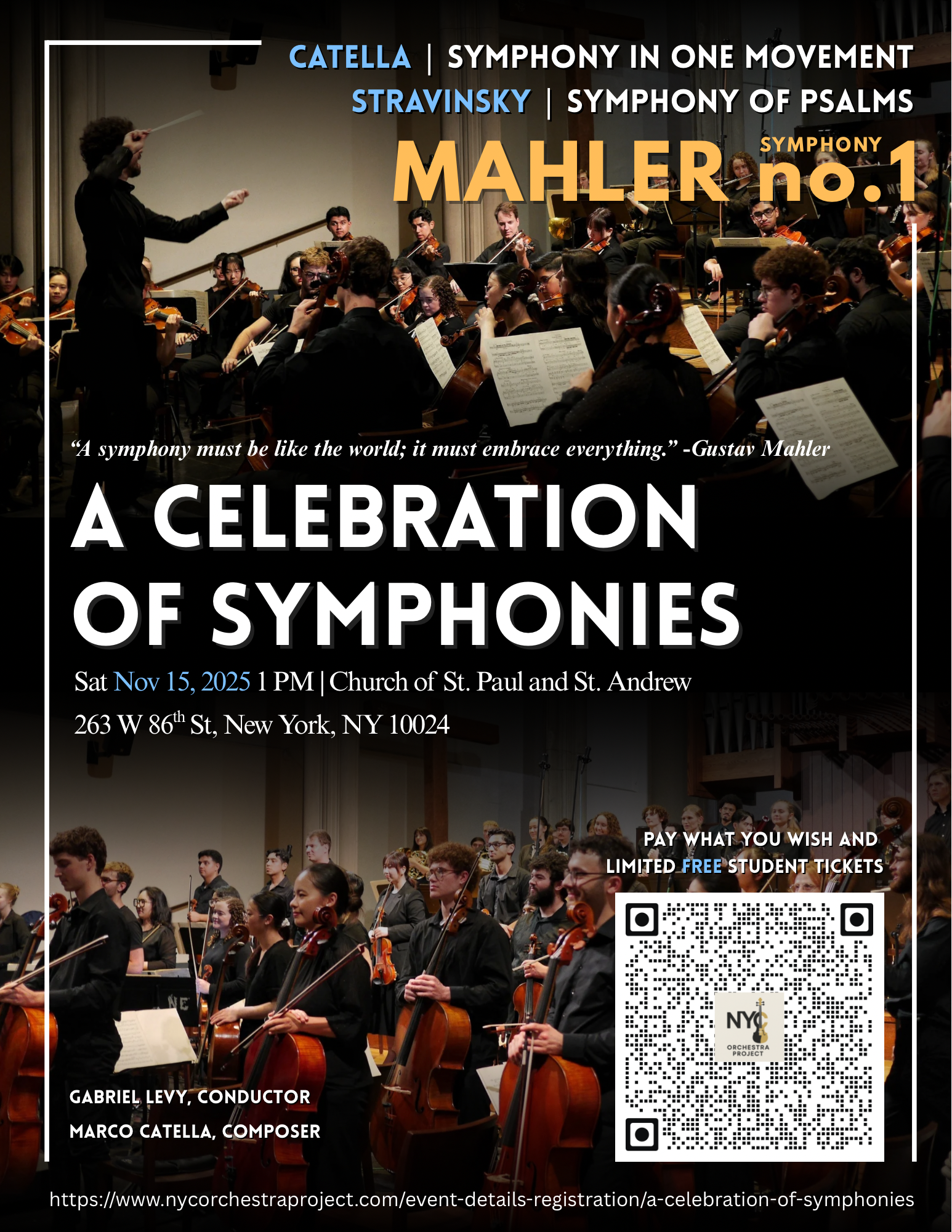 Concert poster featuring an orchestral performance, with musicians playing string instruments and conductor leading. Text details event date, location, and ticket information for a symphony celebration.