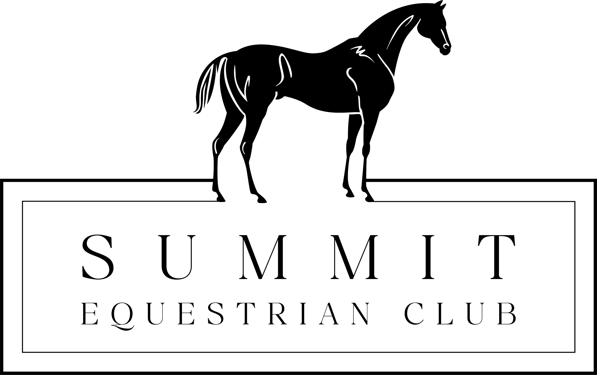 Black and white logo for Summit Equestrian Club featuring a line drawing of a horse standing on a platform with the club's name below.