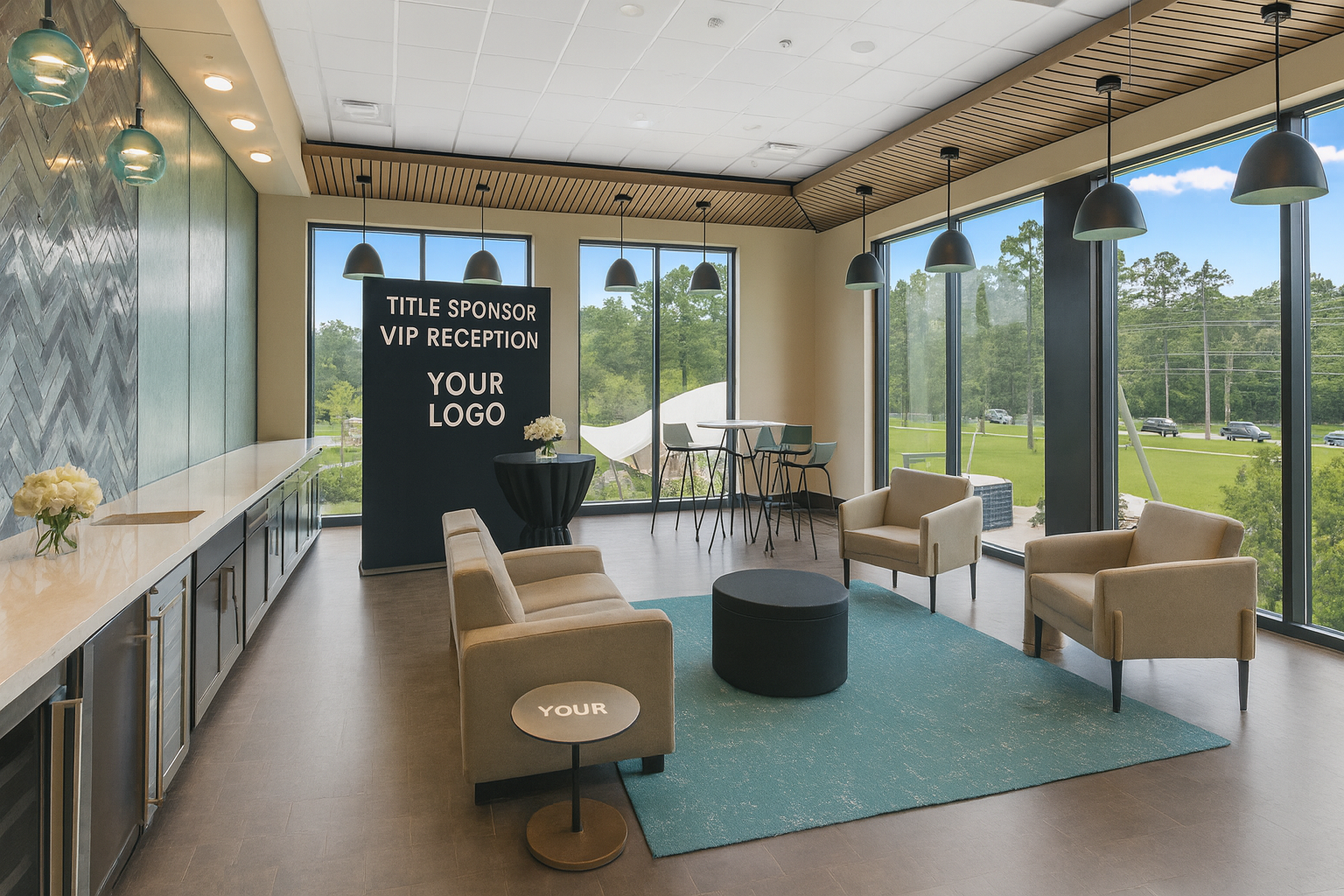 Interior view of a modern event registration area with a VIP reception sign, seating, and large windows showing greenery outside.