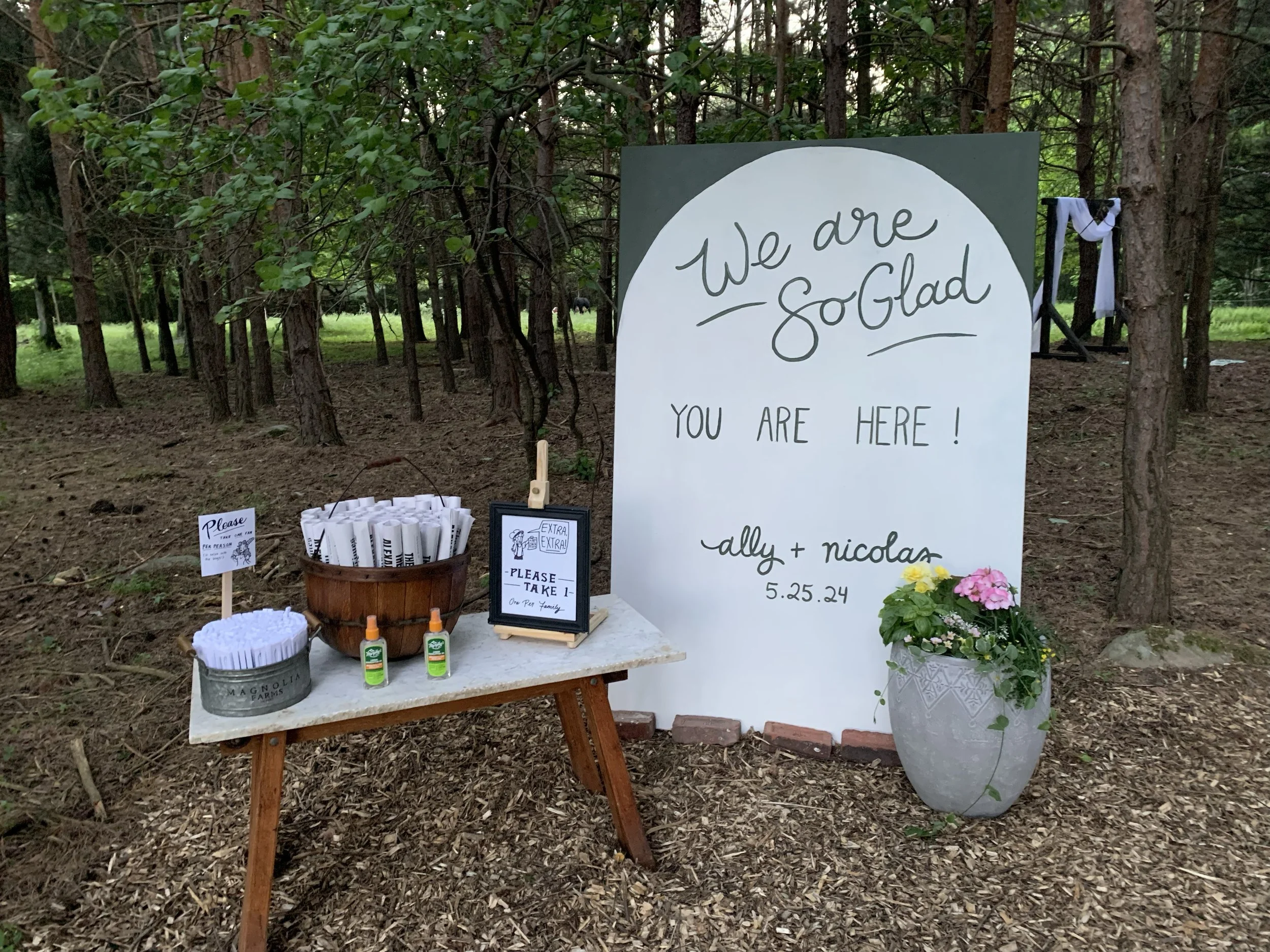 Wedding welcome sign with garden planter