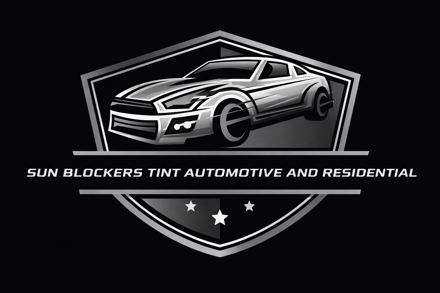 Logo of Sun Blockers Tint Automotive and Residential featuring a sleek, silver car with a black background and three stars beneath the text.