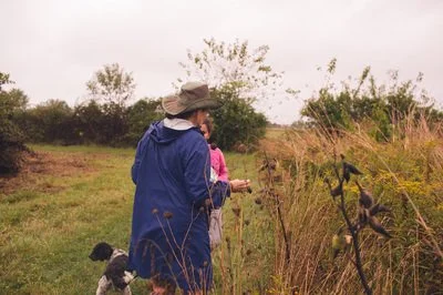An adult and a child in a field, examining some plants growing at the side.