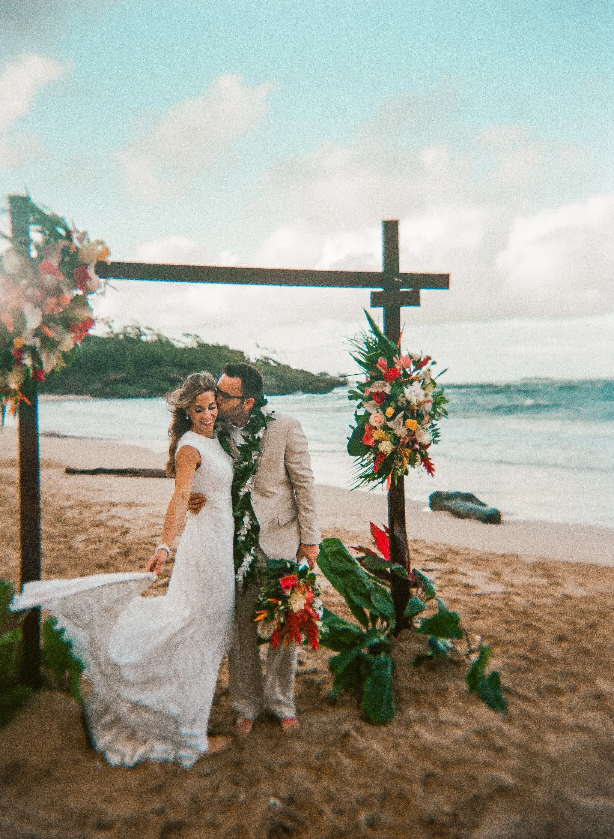 Couple intimate wedding portrait shot on film in Oahu Hawaii.