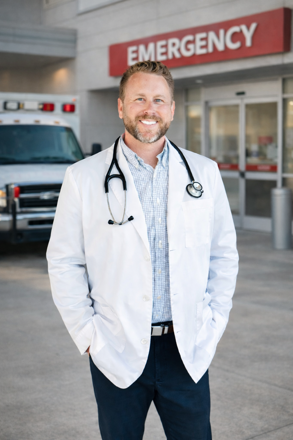 A smiling male doctor standing outside in front of an emergency entrance at a hospital, wearing a white coat and a stethoscope around his neck.