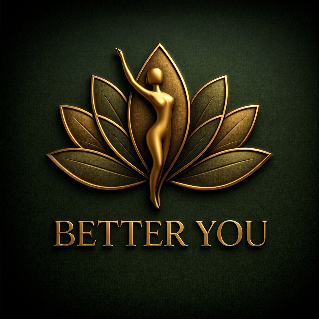 A gold metallic sculpture of a woman standing inside a stylized lotus flower with several layered petals, set against a dark green background. The words "BETTER YOU" are written below in gold lettering.