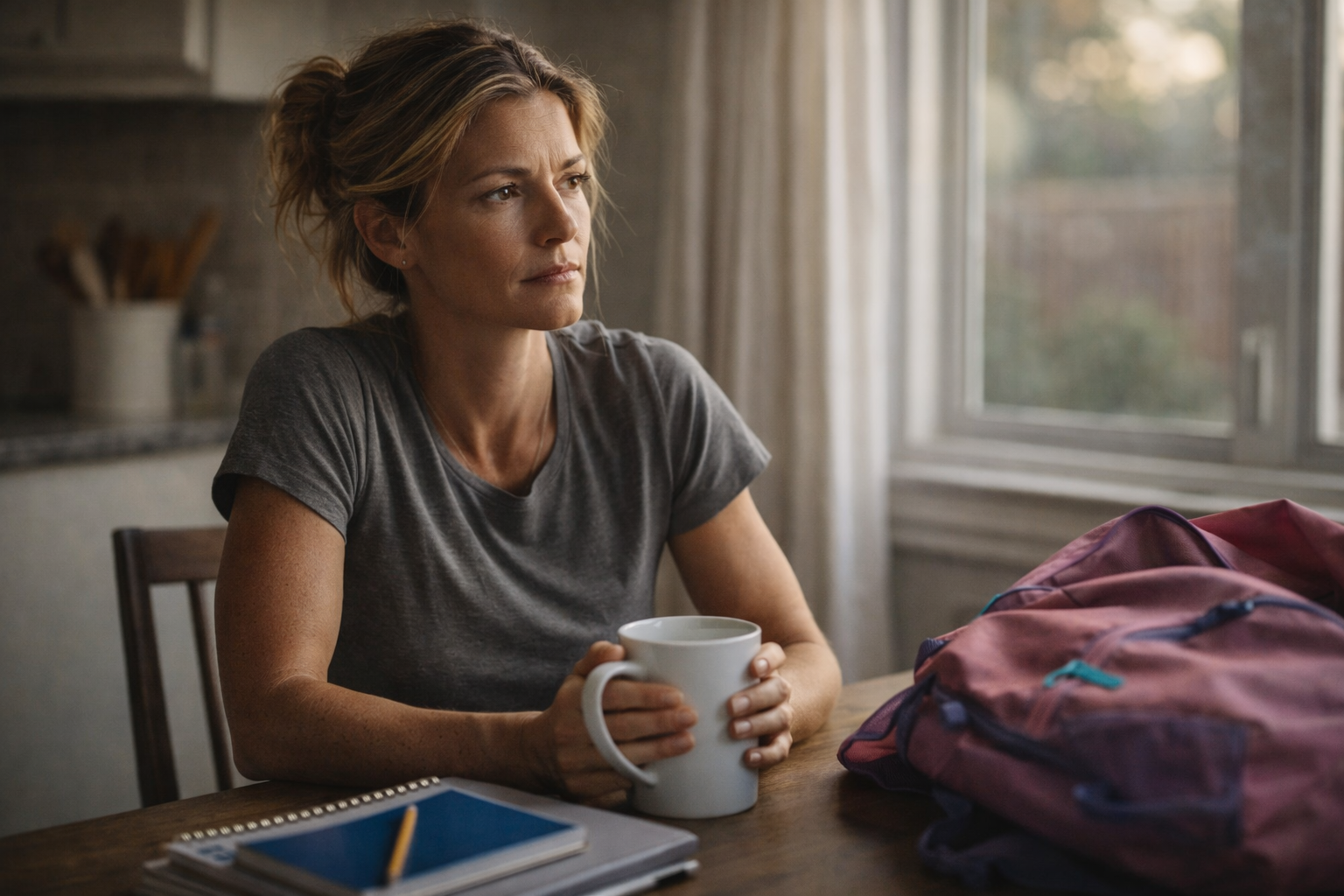 A woman with short blonde hair sits at a wooden table holding a white mug, with a pink backpack and a closed notebook in front of her, inside a room with natural light coming through a window.