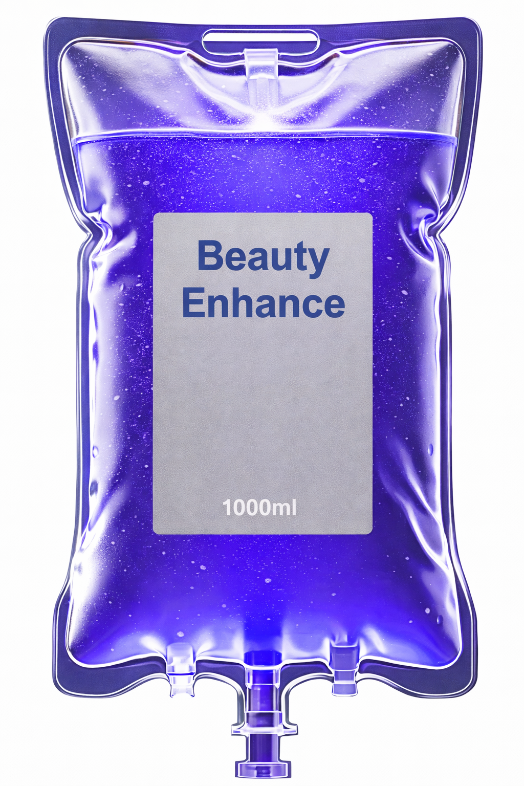 A sealed purple medical IV bag labeled 'Beauty Enhance' with a capacity of 1000ml, containing a clear liquid.