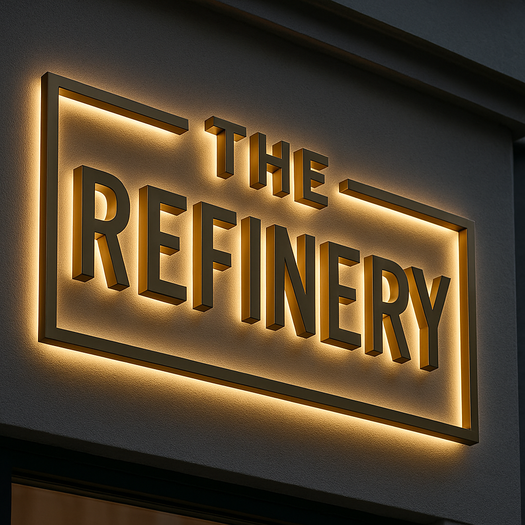 Illuminated sign reading 'The Refinery' mounted on a wall.