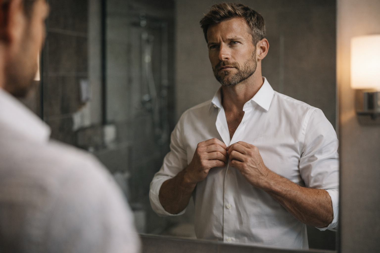A man with a beard and tousled hair in a white shirt buttoning his shirt while looking at his reflection in a mirror in a bathroom.