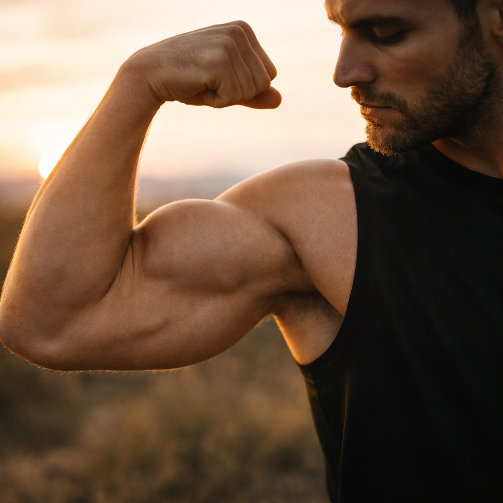 Close-up of a man flexing his bicep muscle outdoors at sunset, wearing a sleeveless black shirt.