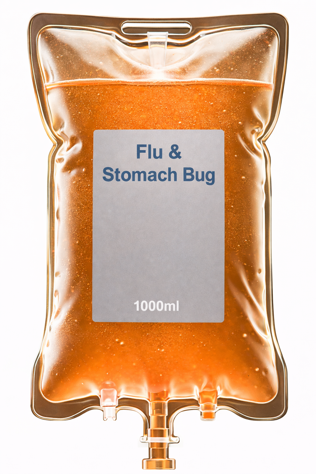 A medical IV bag labeled "Flu & Stomach Bug," containing 1000 ml of orange-brown liquid.