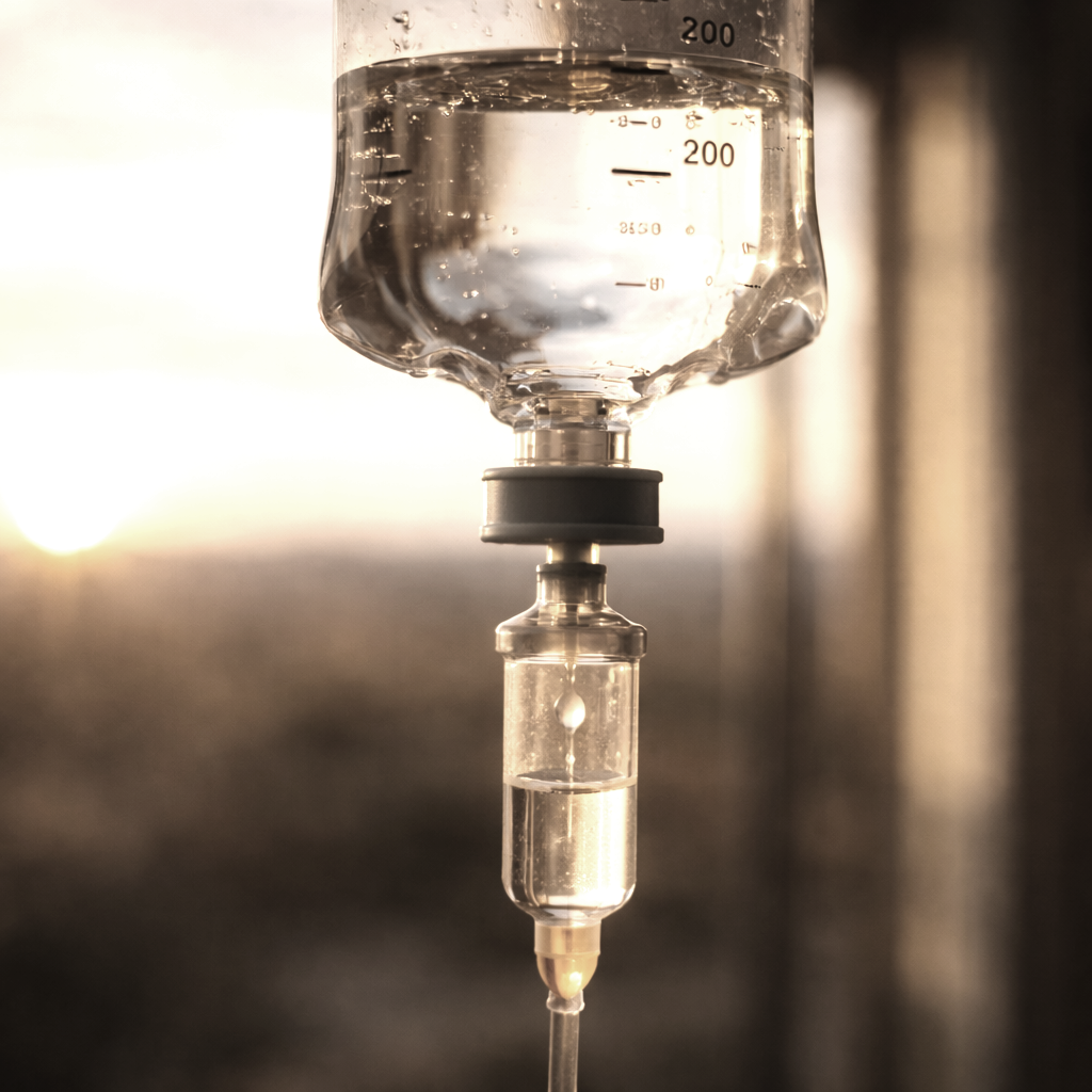 A close-up of a medical IV drip chamber filled with clear liquid, with a transparent tube hanging below.